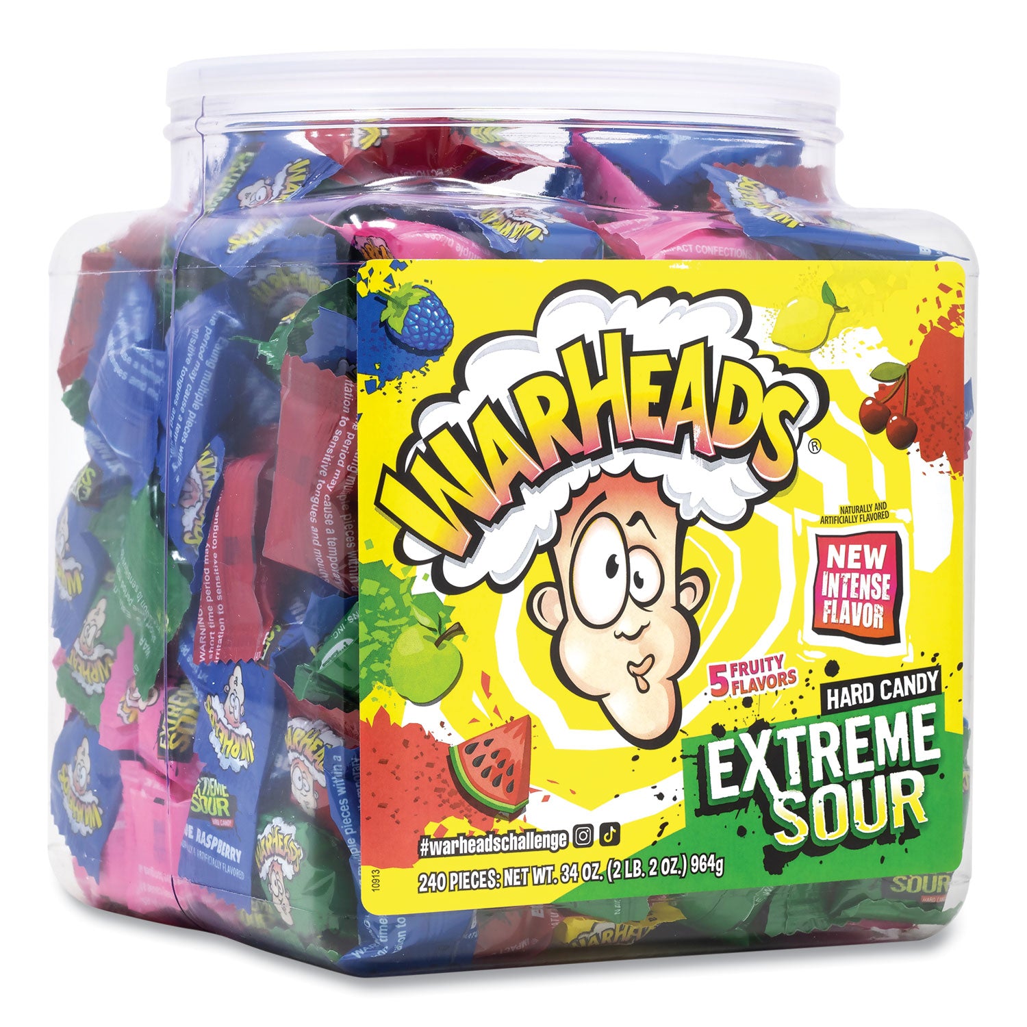 WARHEADS® Xtreme Sour Hard Candy, Assorted Flavors, 34 oz Tub