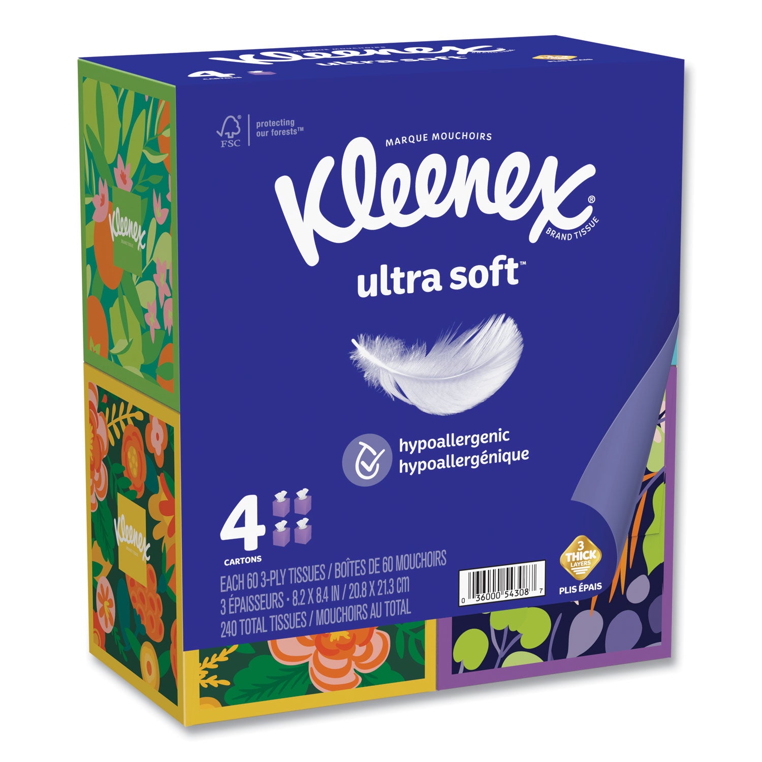 Kleenex® Ultra Soft Facial Tissue, 3-Ply, White, 60 Sheets/Box, 4 Boxes/Pack, 3 Packs/Carton