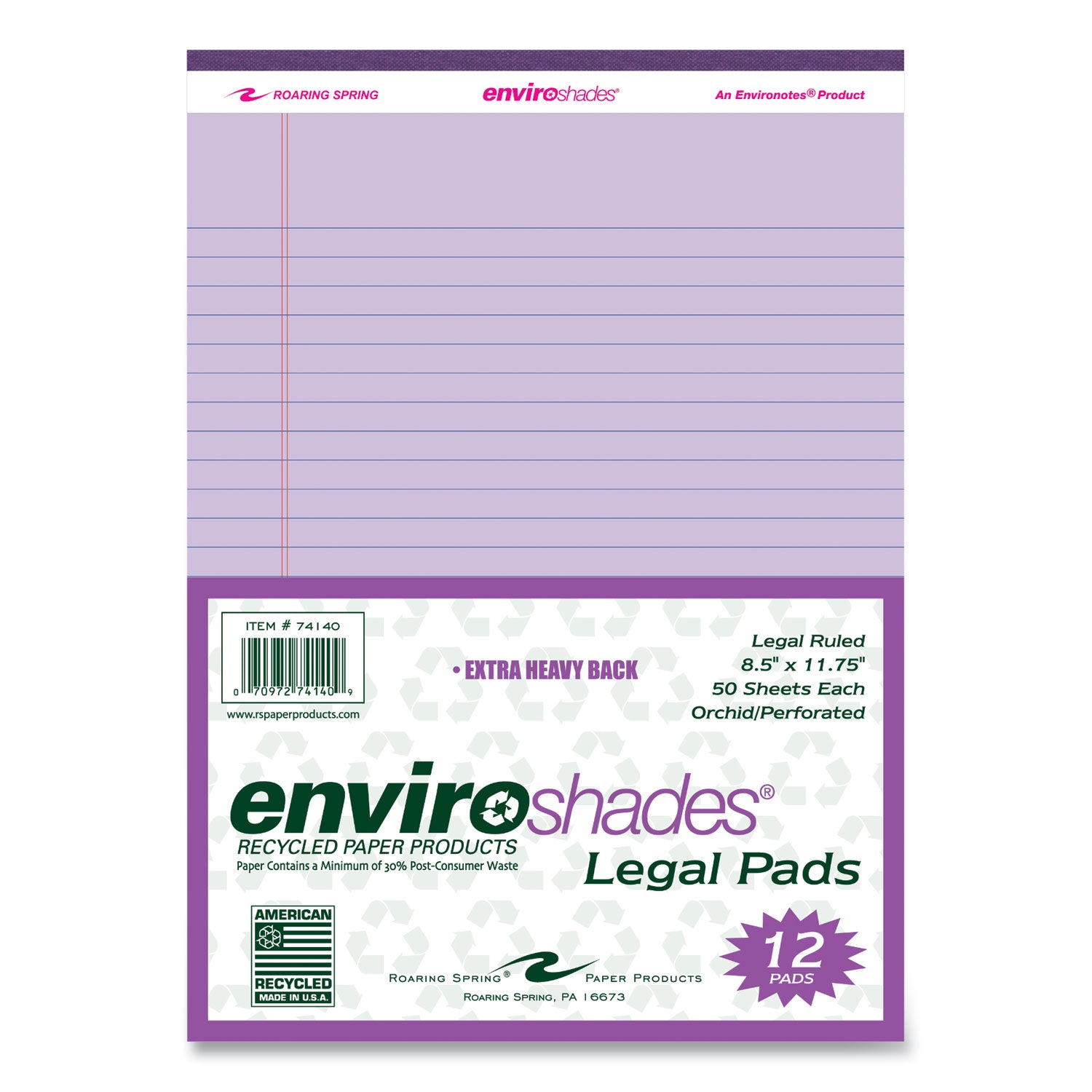 Enviroshades Legal Notepads Orchid 8.5 x 11.75 Sheets, 72 Notepads/Carton, Ships in 4-6 Business Days