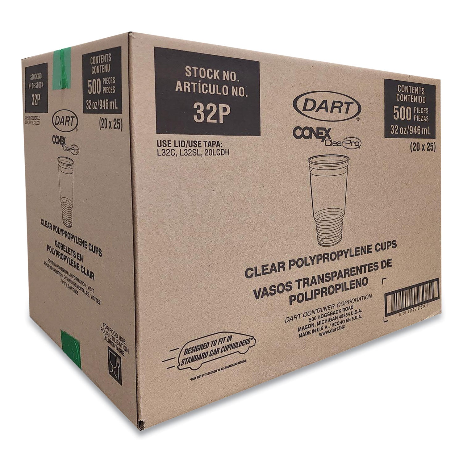 Dart® Conex ClearPro Plastic Cold Cups, Cold Cups, 32 oz, Clear, 25/Bag, 20 Bags/Carton