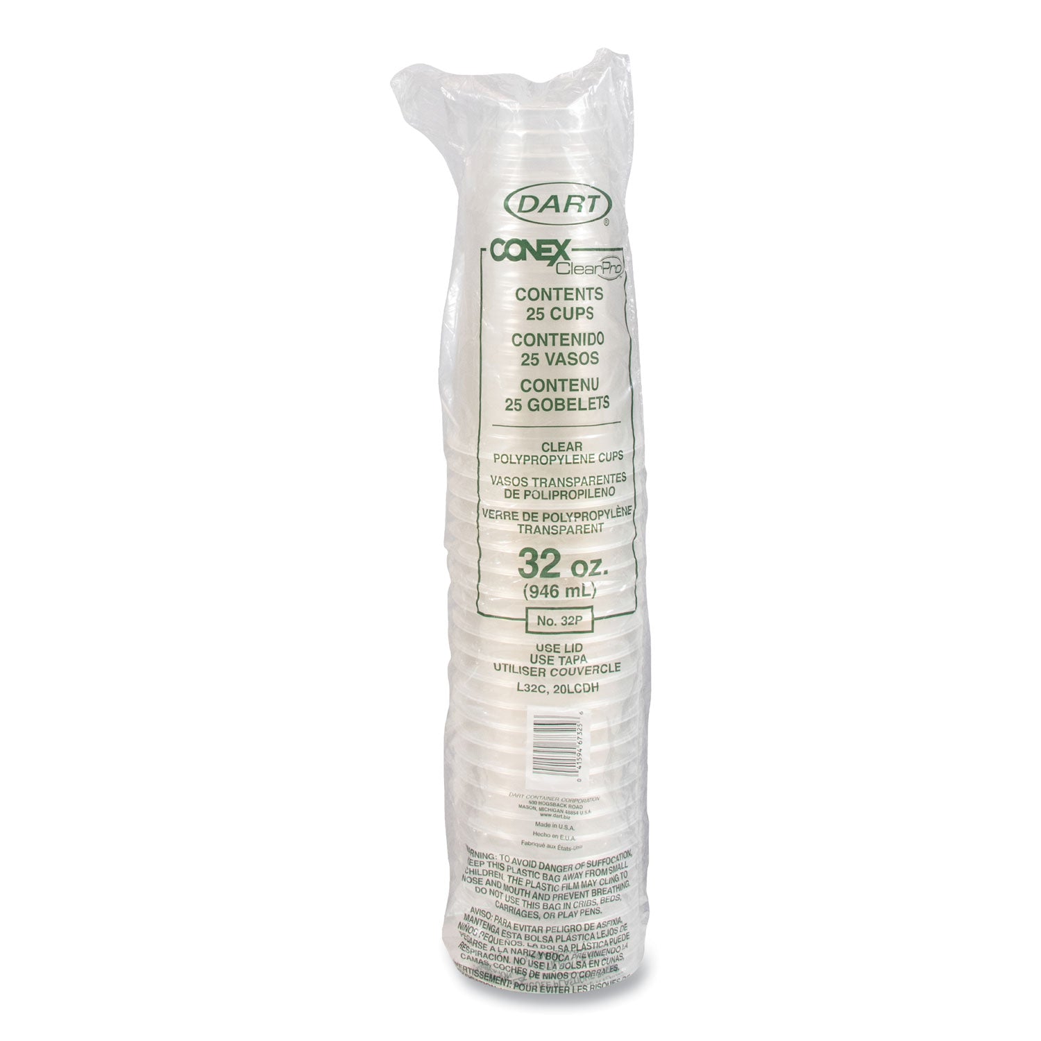 Dart® Conex ClearPro Plastic Cold Cups, Cold Cups, 32 oz, Clear, 25/Bag, 20 Bags/Carton