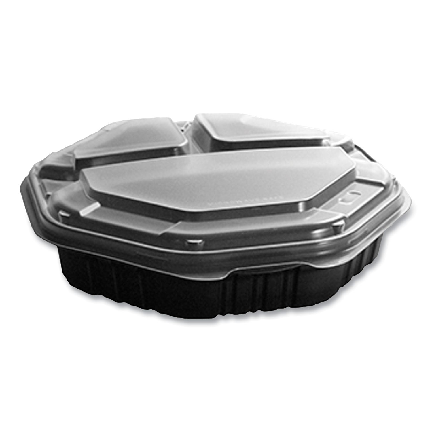 SOLO® OctaView Hinged-Lid Hot Food Containers, 3-Compartment, 38 oz, 9.55 x 9.1 x 2.4, Black/Clear, Plastic, 100/Carton