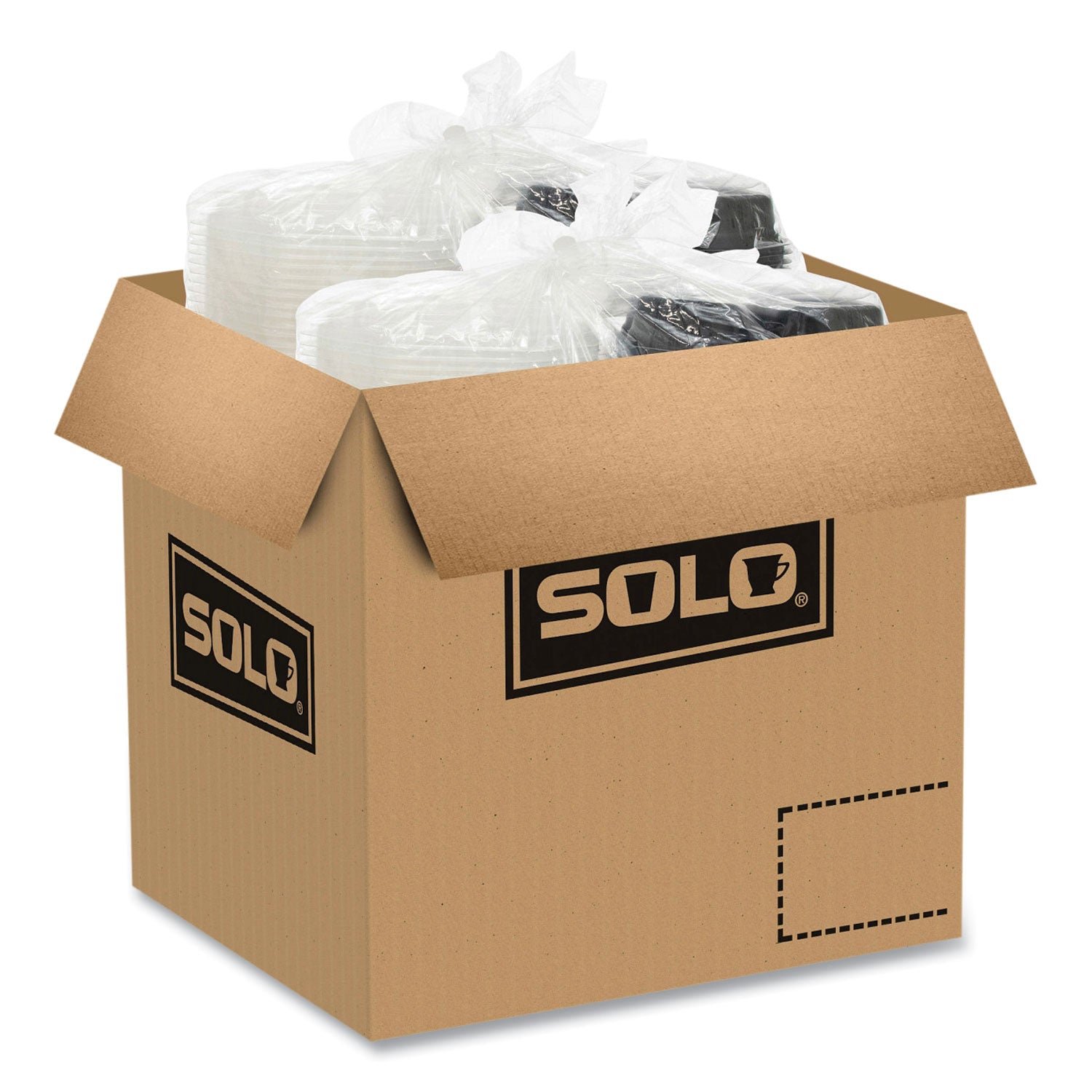 SOLO® OctaView Hinged-Lid Hot Food Containers, 3-Compartment, 38 oz, 9.55 x 9.1 x 2.4, Black/Clear, Plastic, 100/Carton