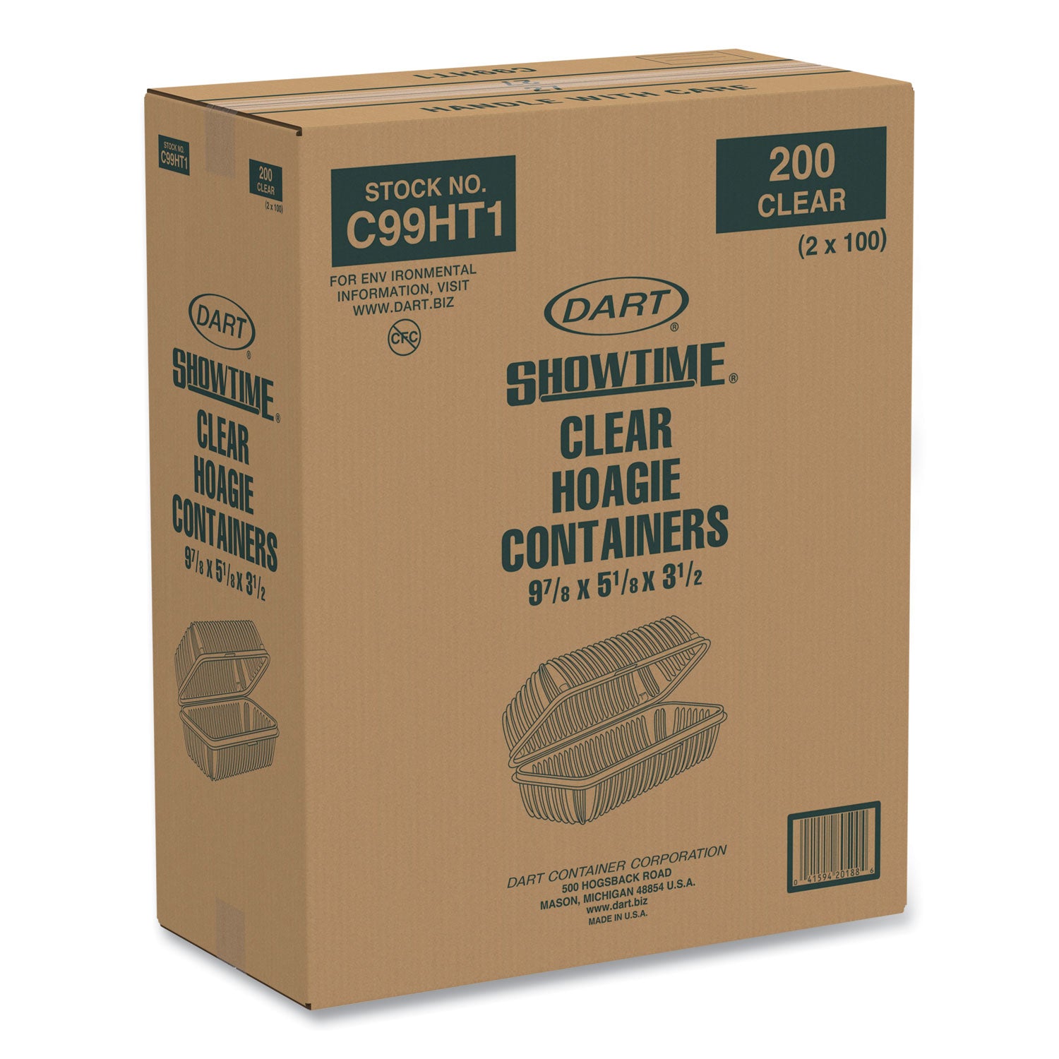 Dart® Showtime Clear Hinged Containers, Hoagie Container, 29.9 oz, 5.1 x 9.9 x 3.5, Clear, Plastic, 100/Bag 2 Bags/Carton