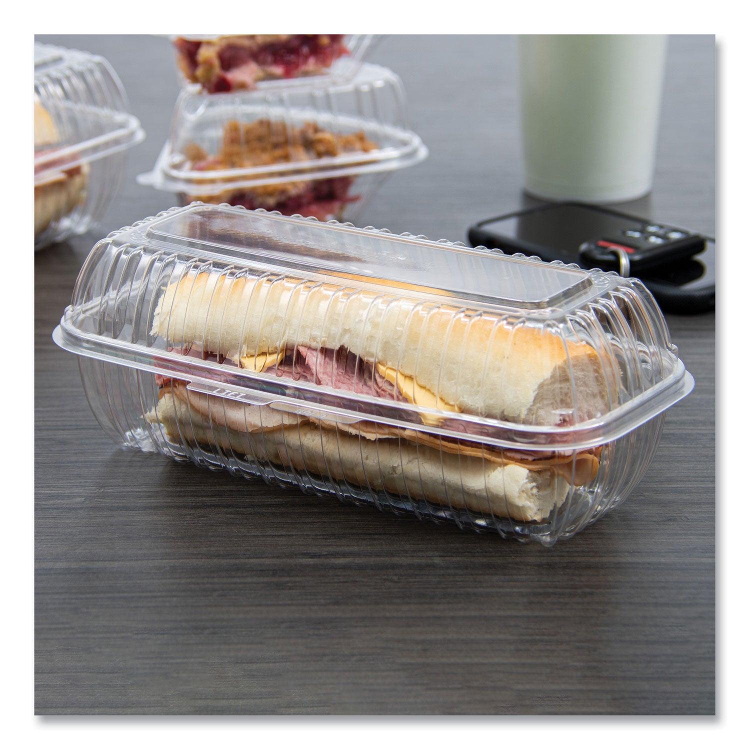 Dart® Showtime Clear Hinged Containers, Hoagie Container, 29.9 oz, 5.1 x 9.9 x 3.5, Clear, Plastic, 100/Bag 2 Bags/Carton