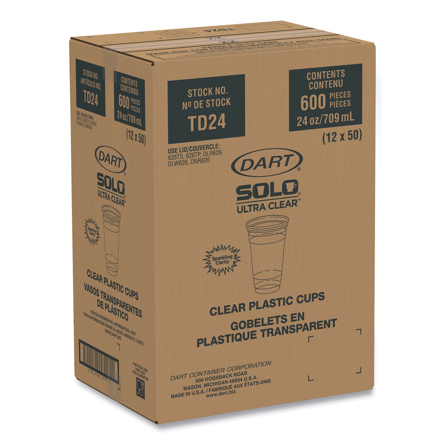 Dart® Ultra Clear PET Cold Cups, 24 oz, Clear, 50/Sleeve, 12 Sleeves/Carton