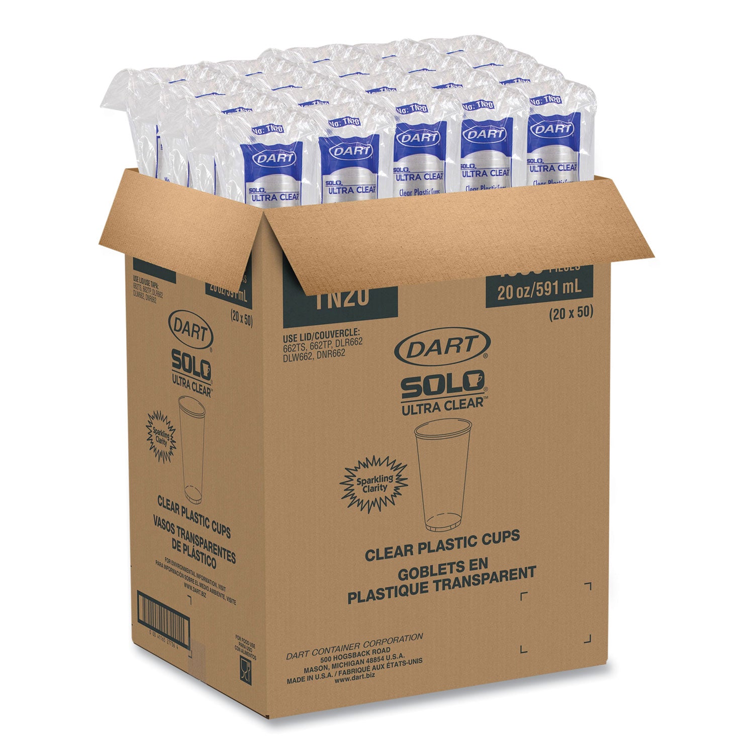 Dart® Ultra Clear PETE Cold Cups, 20 oz, Clear, 50/Sleeve, 20 Sleeves/Carton