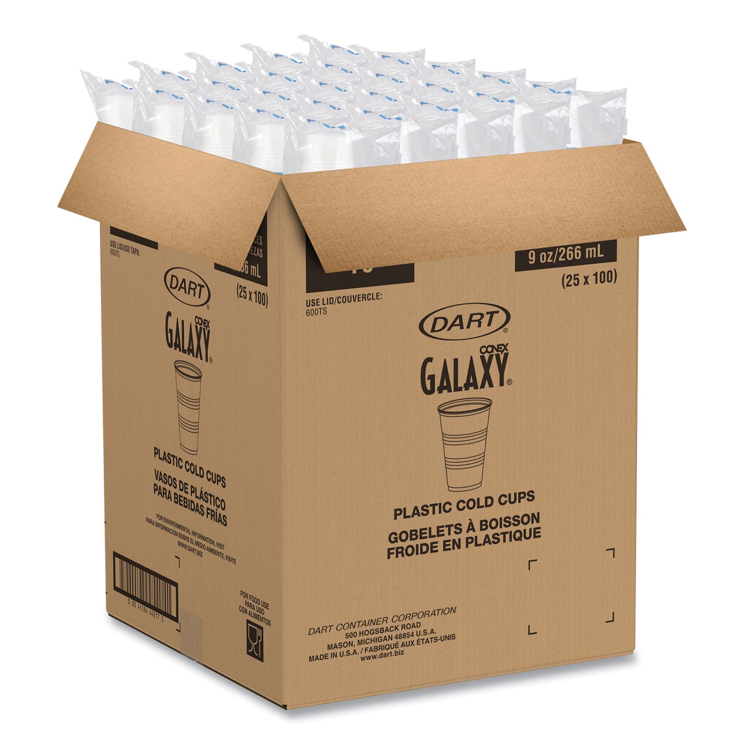 Dart® High-Impact Polystyrene Cold Cups, 9 oz, Translucent, 100 Cups/Sleeve, 25 Sleeves/Carton