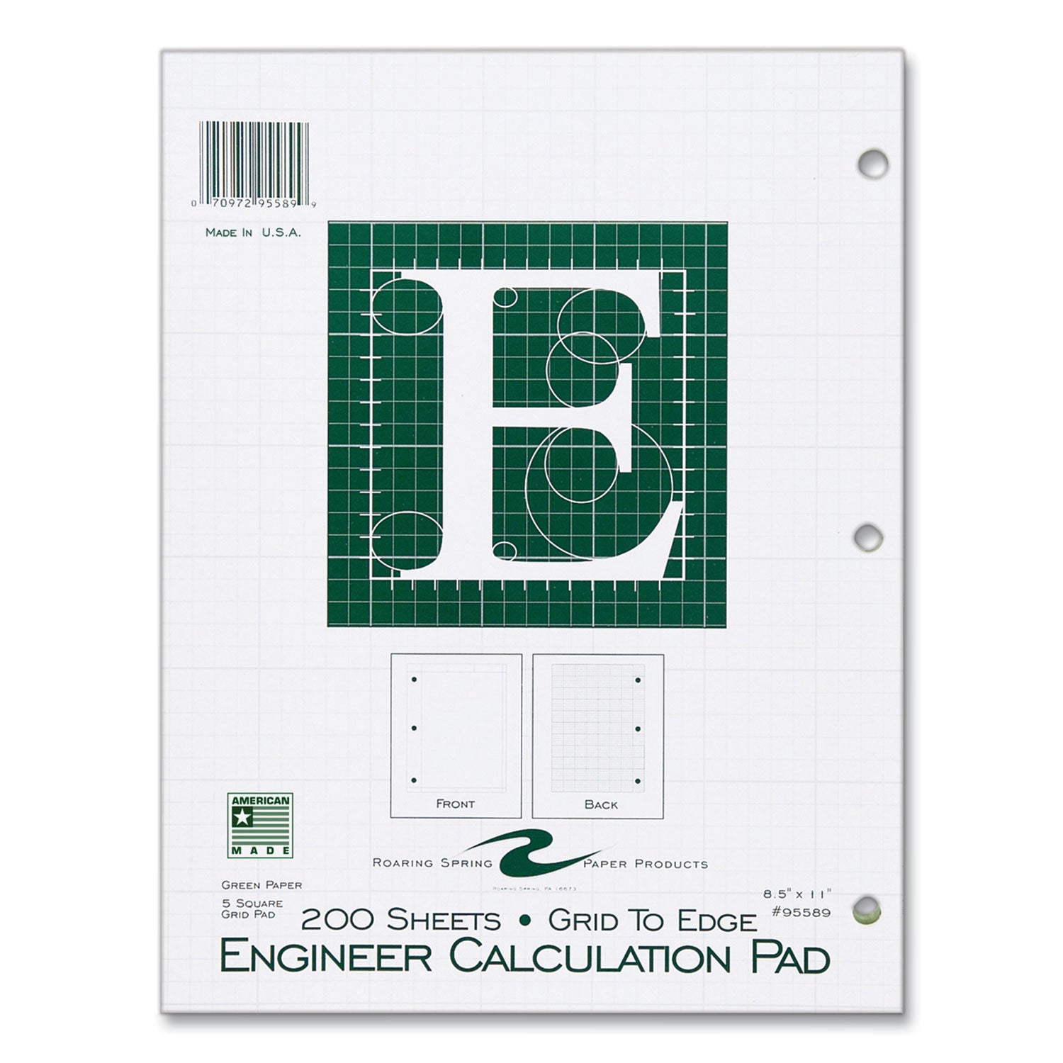 Roaring Spring® Engineer Pad, (1.25" Margin), Quad Rule (5 sq/in, 1 sq/in), 200 Light Green 8.5 x 11 Sheets/Pad, 12/Carton