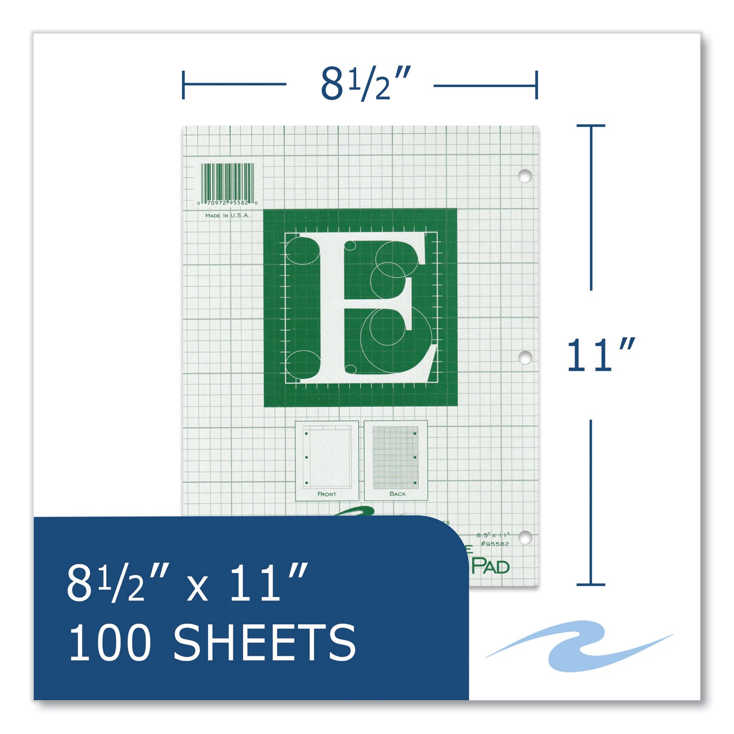 Roaring Spring® Engineer Pad, (1.25" Margin), Quad Rule (5 sq/in, 1 sq/in), 100 Light Green 8.5 x 11 Sheets/Pad, 24/Carton