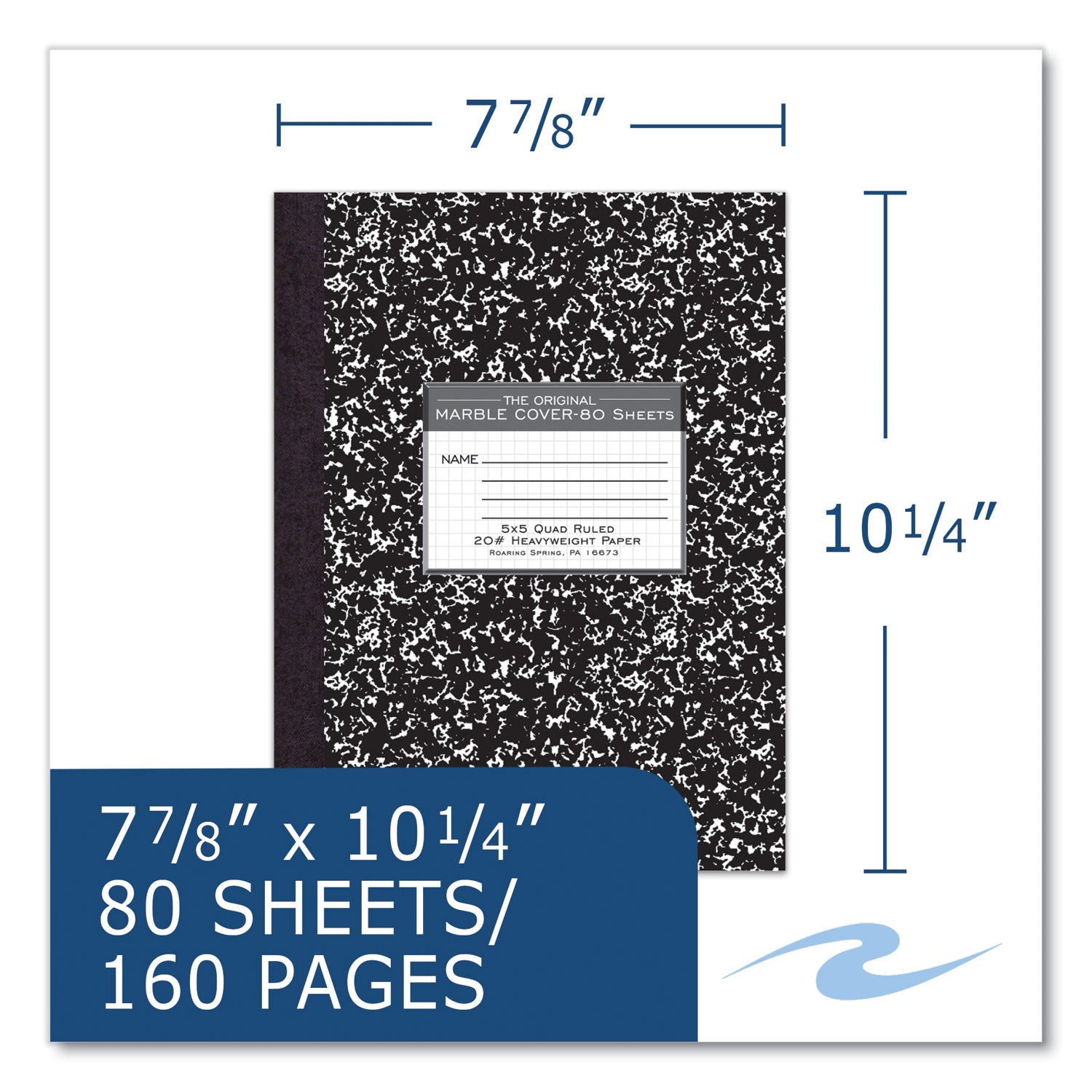 Roaring Spring® Hardcover Composition Book, Quadrille 5 sq/in Rule, Black Marble Cover, (80) 10.25 x 7.88 Sheets, 24/Carton