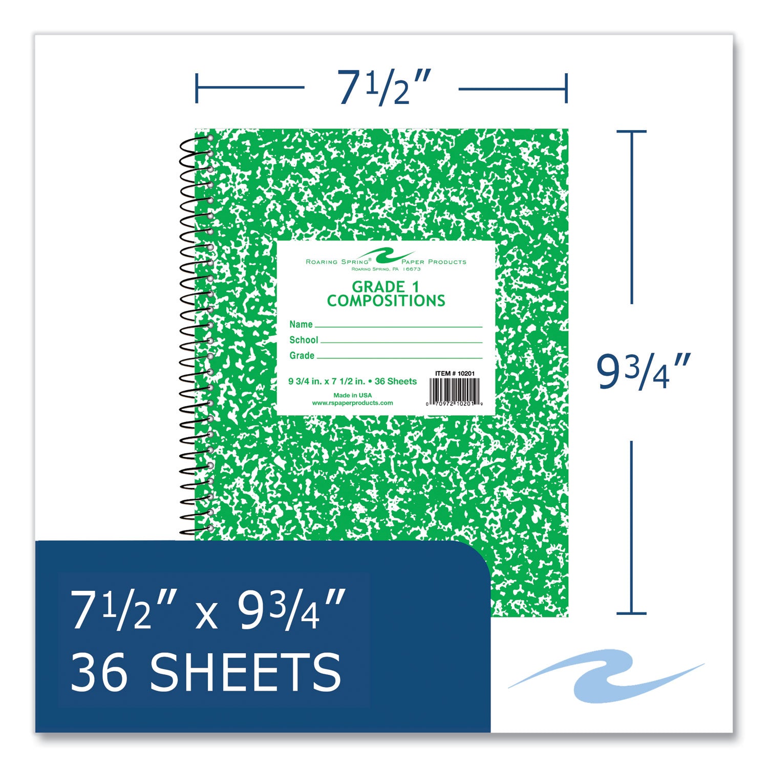 Roaring Spring® Wirebound Composition Book, 1 Subject, Manuscript Format, Green Cover, (36) 9.75 x 7.5 Sheets, 48/Carton