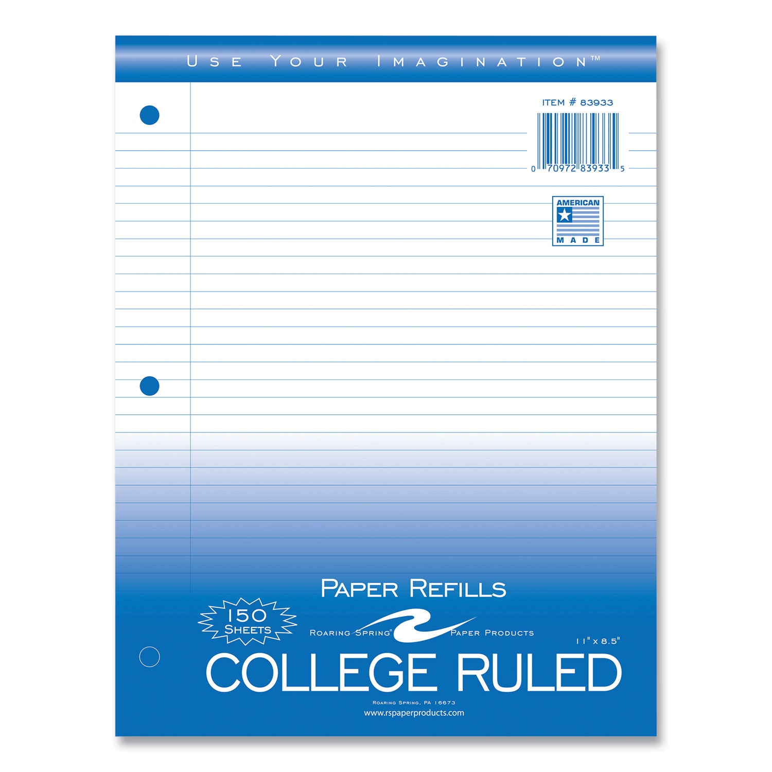 Roaring Spring® Loose Leaf Paper, 8.5 x 11, 3-Hole Punched, College Rule, White, 150 Sheets/Pack, 24 Packs/Carton