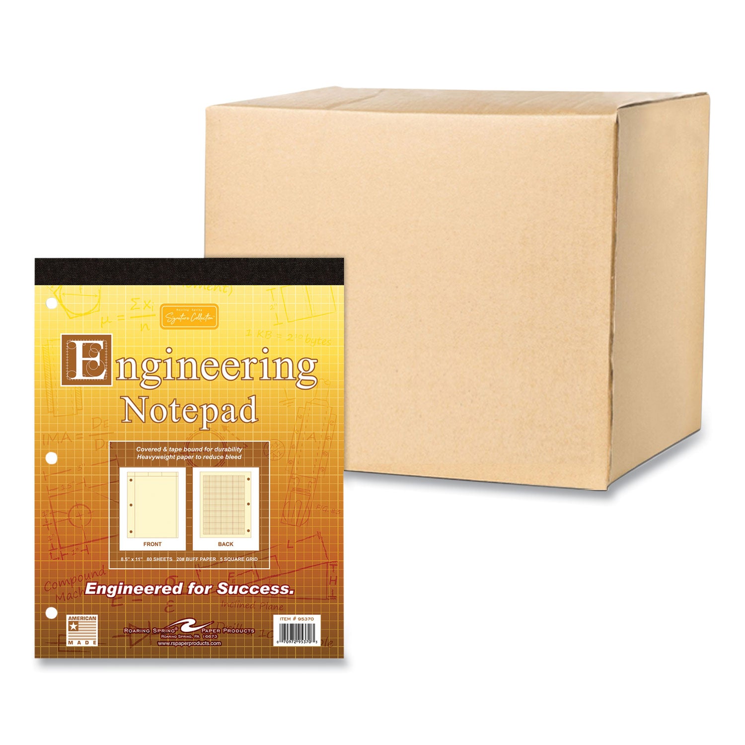 Roaring Spring® Covered Engineering Pad, 5 sq/in Quadrille Rule, 80 Buff 8.5 x 11 Sheets, 24/Carton