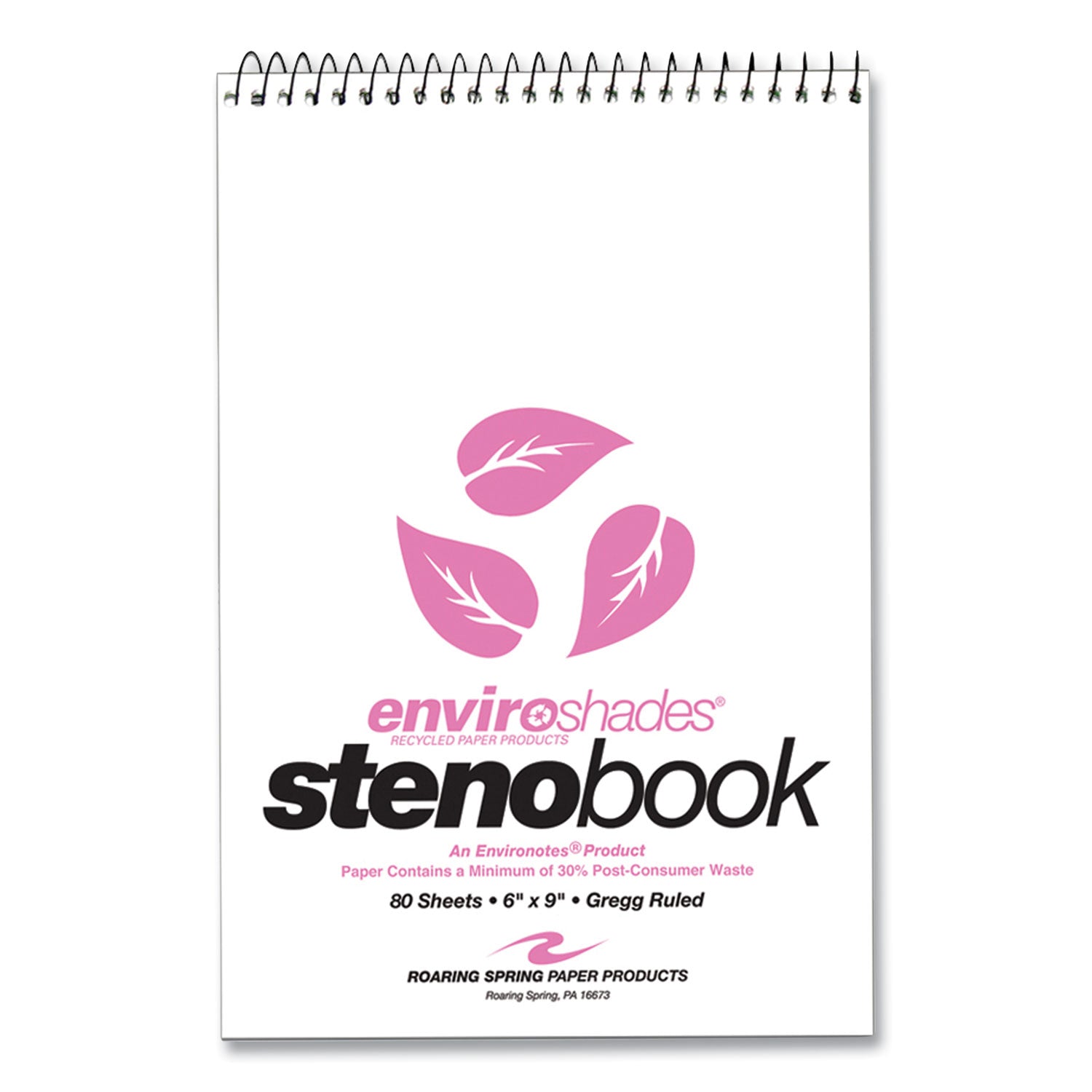 Roaring Spring® EnviroShades Steno Pad, Gregg Rule, White Cover, 80 Pink 6 x 9 Sheets, 24 Pads/Carton