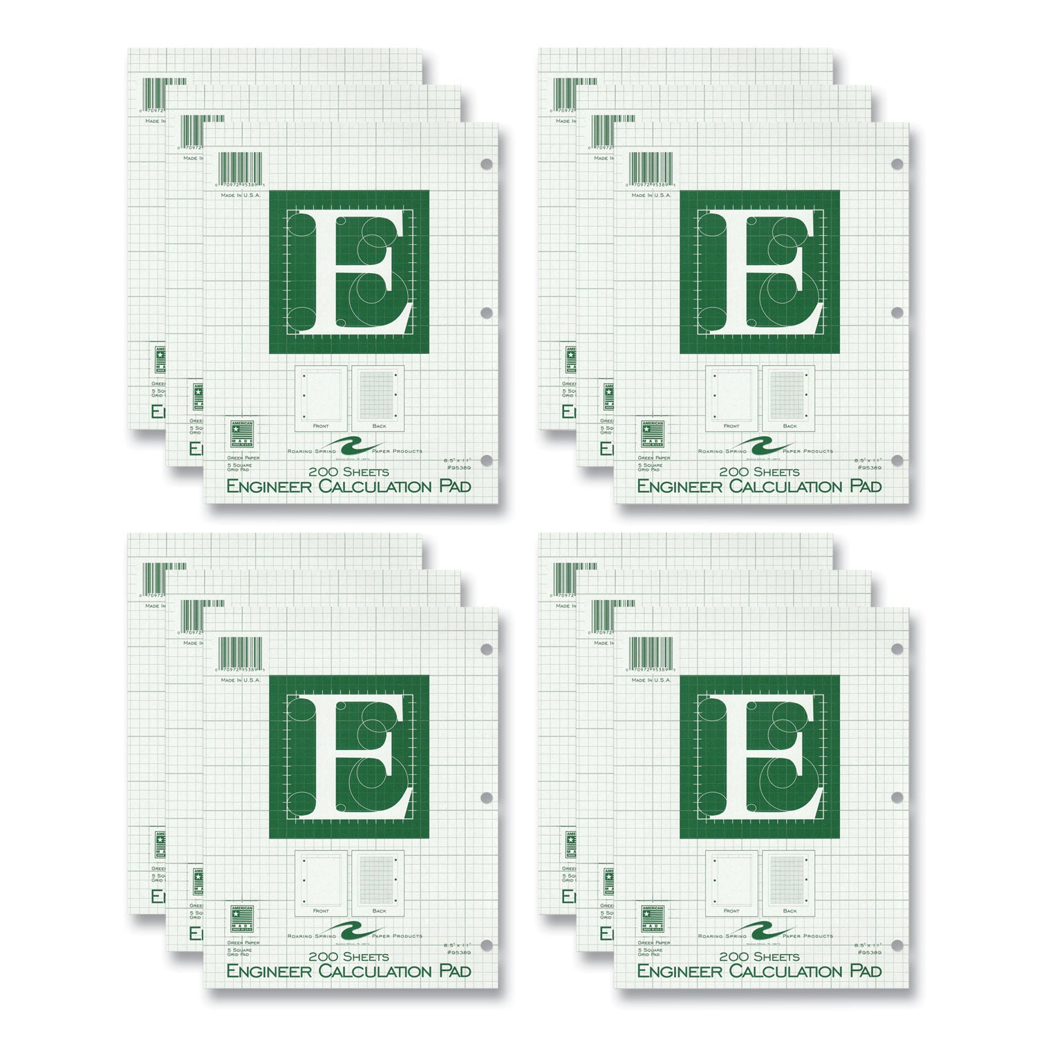 Engineer Pad, (0.5" Margins), Quad Rule (5 sq/in, 1 sq/in), 200 Light Green 8.5 x 11 Sheets/Pad, 12/Carton