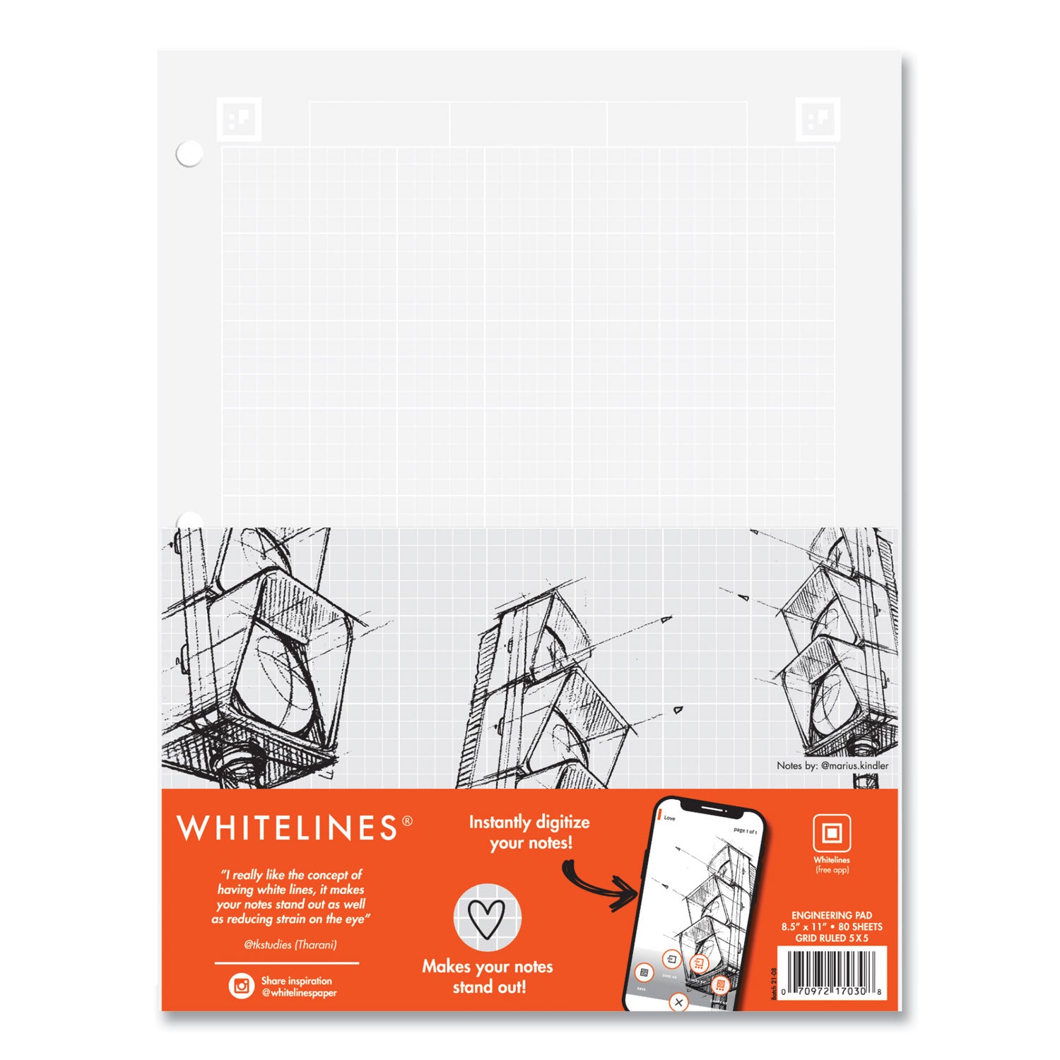 Roaring Spring® Whitelines Engineering Pad, 5 sq/in Quadrille Rule, 80 Gray 8.5 x 11 Sheets, 24/Carton