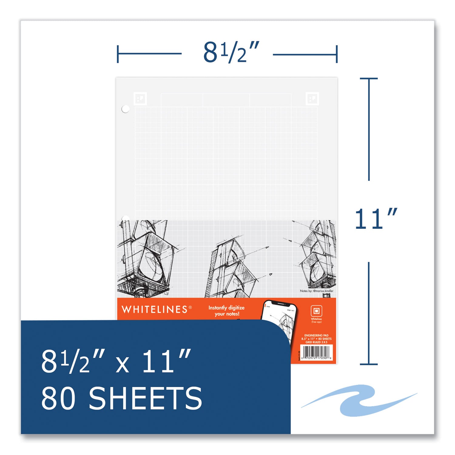 Roaring Spring® Whitelines Engineering Pad, 5 sq/in Quadrille Rule, 80 Gray 8.5 x 11 Sheets, 24/Carton