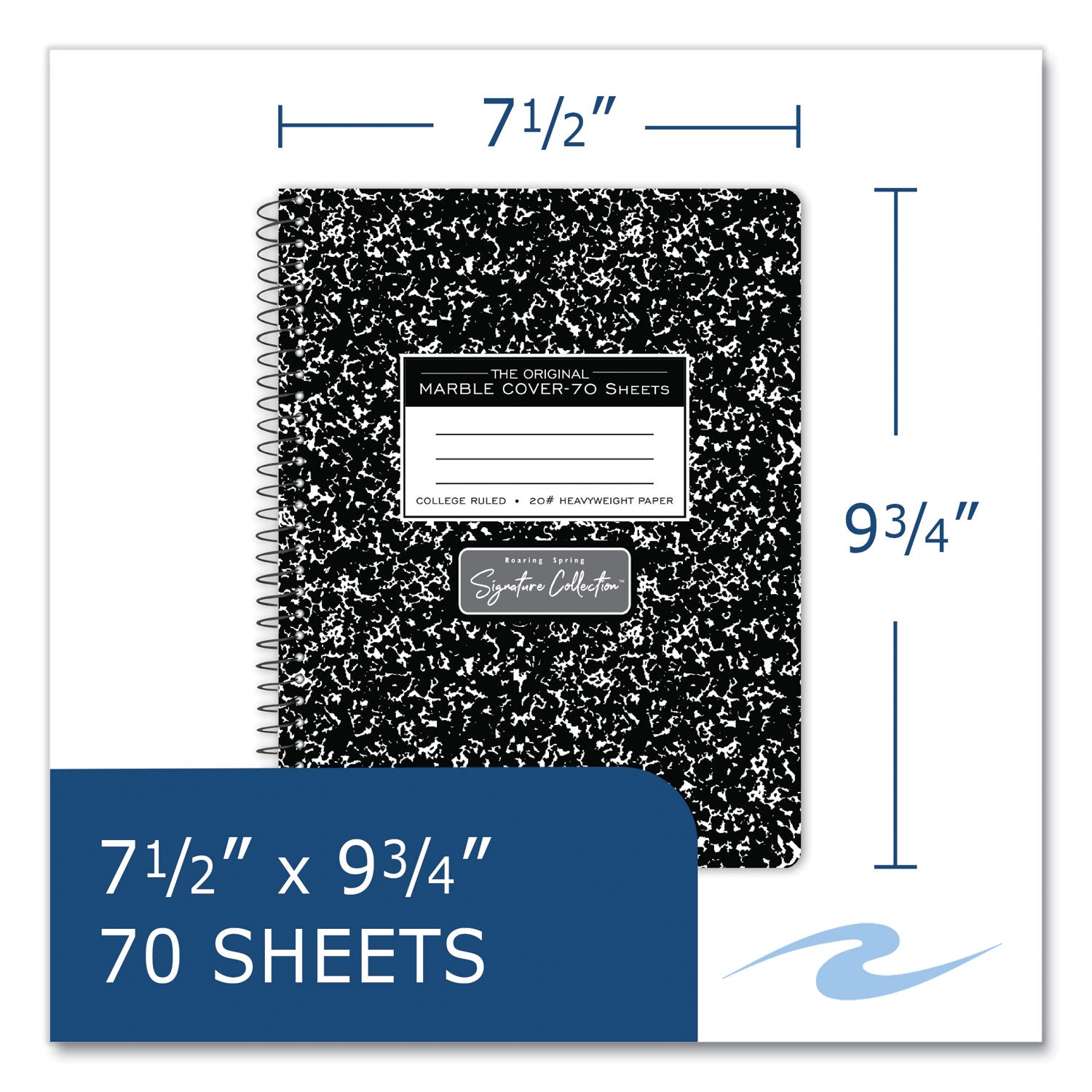 Roaring Spring® Spring Signature Composition Book, Med/College Rule, Black Marble Cover, (70) 9.75 x 7.5 Sheets, 24/Carton