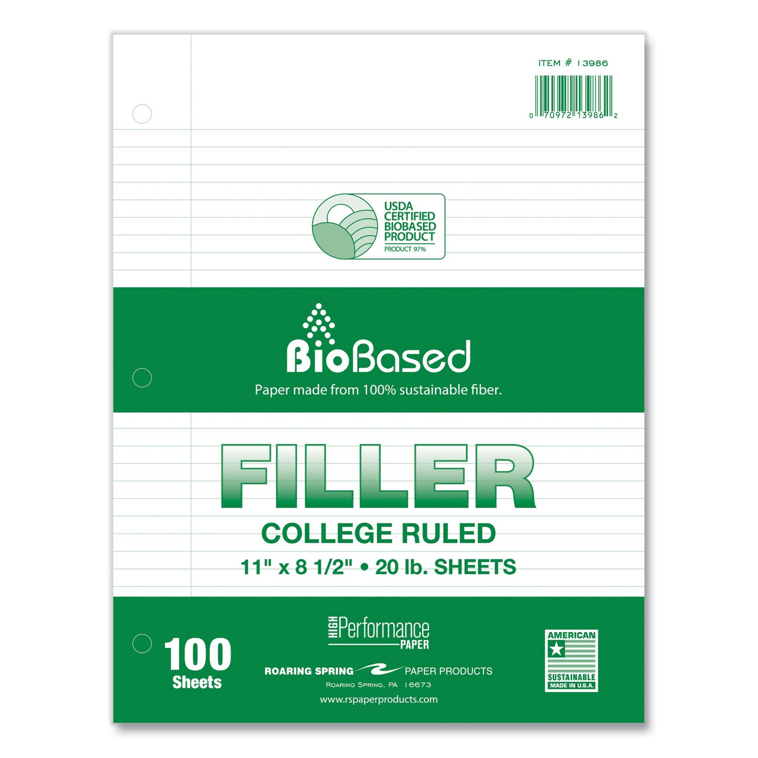 Roaring Spring® Filler Paper, 3-Hole, 8.5 x 11, College Rule, 100 Sheets/Pack, 24 Packs/Carton