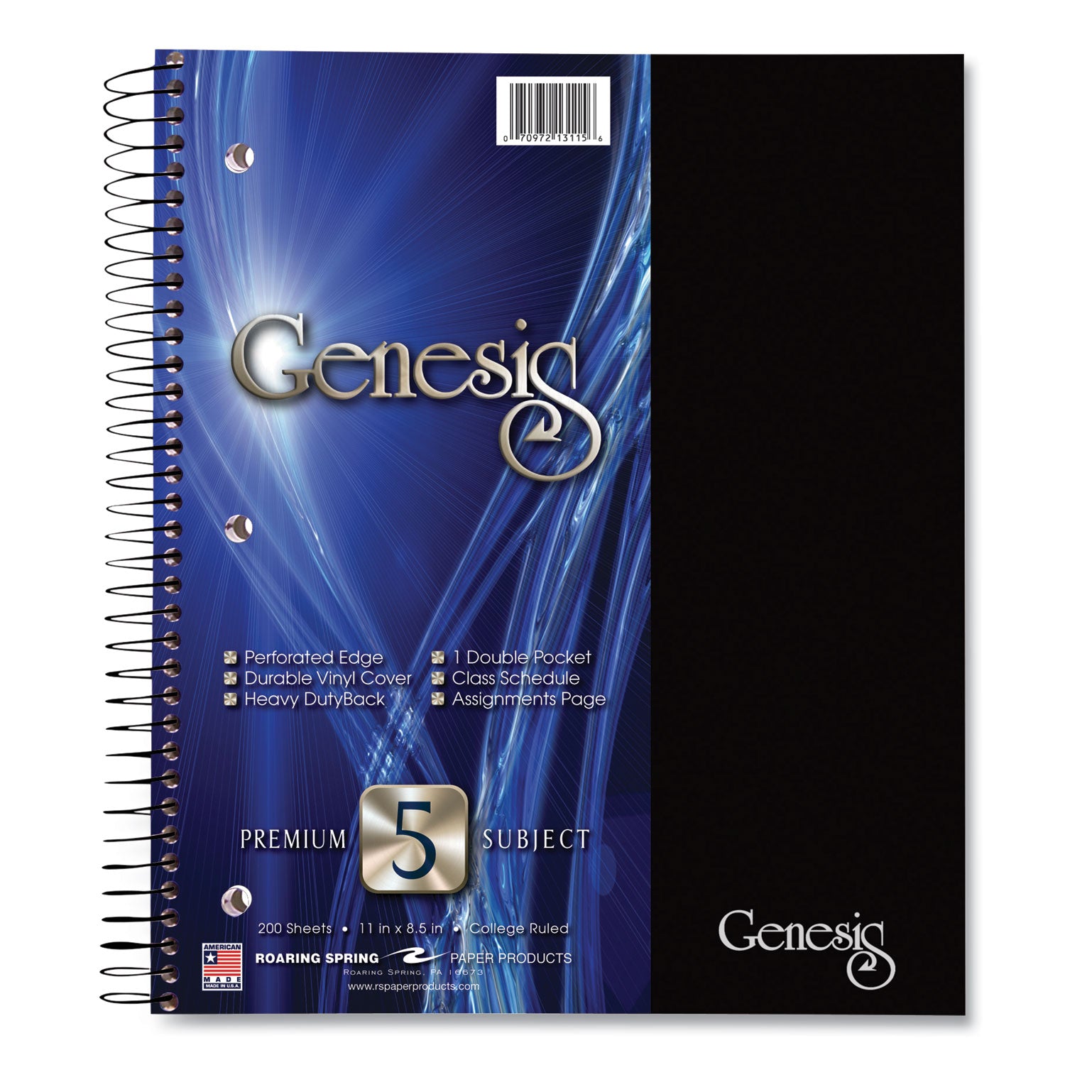 Roaring Spring® Genesis Notebook, 5-Subject, Medium/College Rule, Randomly Assorted Cover Color, (200) 11 x 9 Sheets, 12/Carton