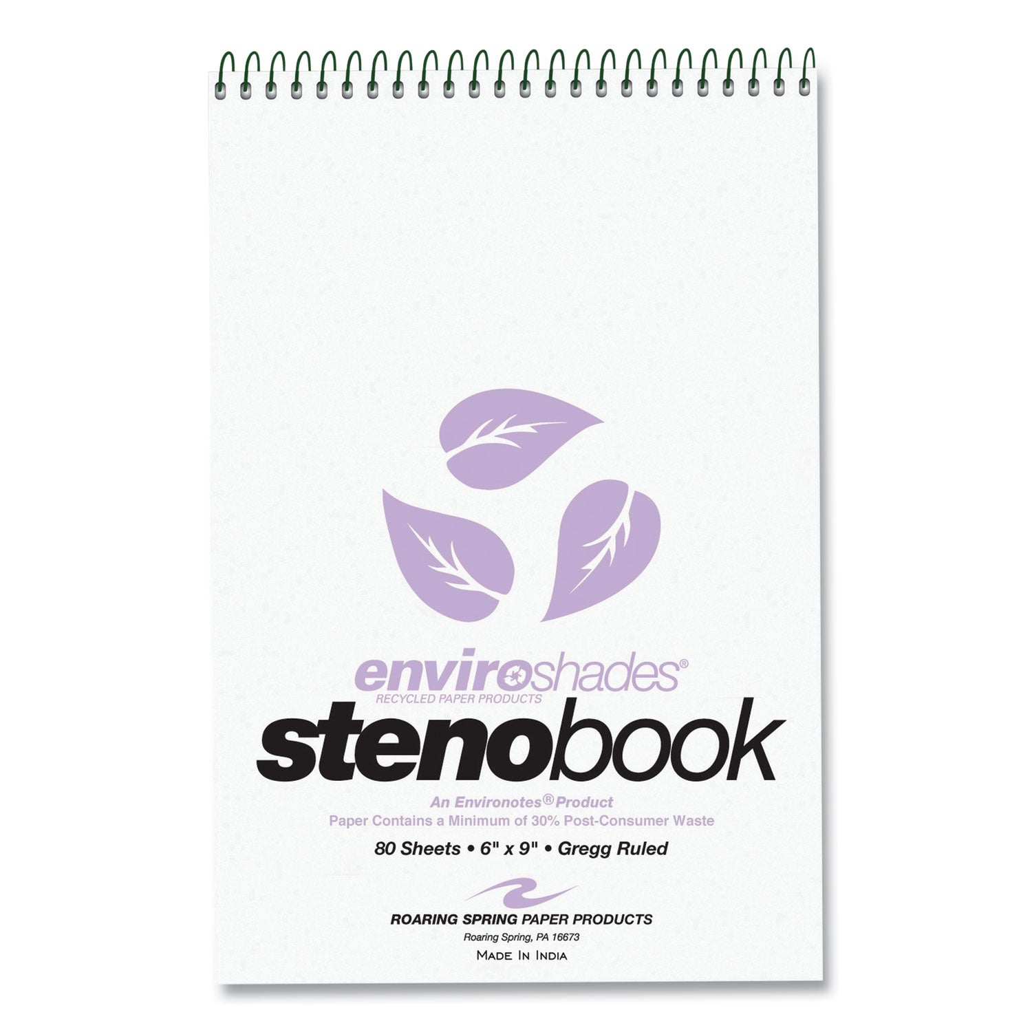 Roaring Spring® EnviroShades Steno Pad, Gregg Rule, White Cover, 80 Orchid 6 x 9 Sheets, 24 Pads/Carton