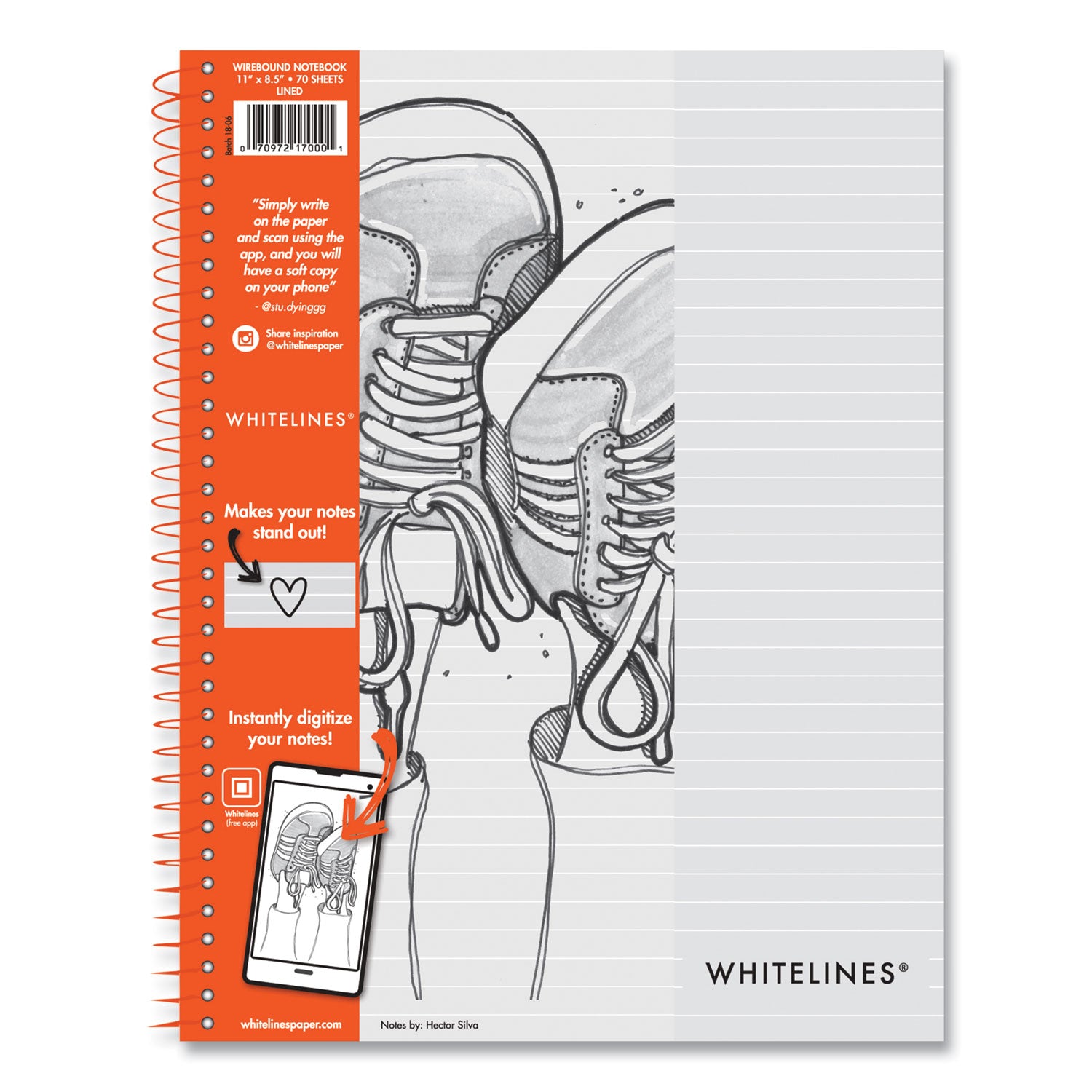 Roaring Spring® Whitelines Notebook, Medium/College Rule, Gray/Orange Cover, (70) 8.5 x 11 Sheets, 12/Carton