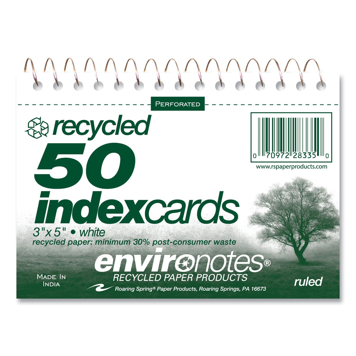 Roaring Spring® Environotes Wirebound Recycled Index Cards, Narrow Rule, 3 x 5, White, 50 Cards, 24/Carton