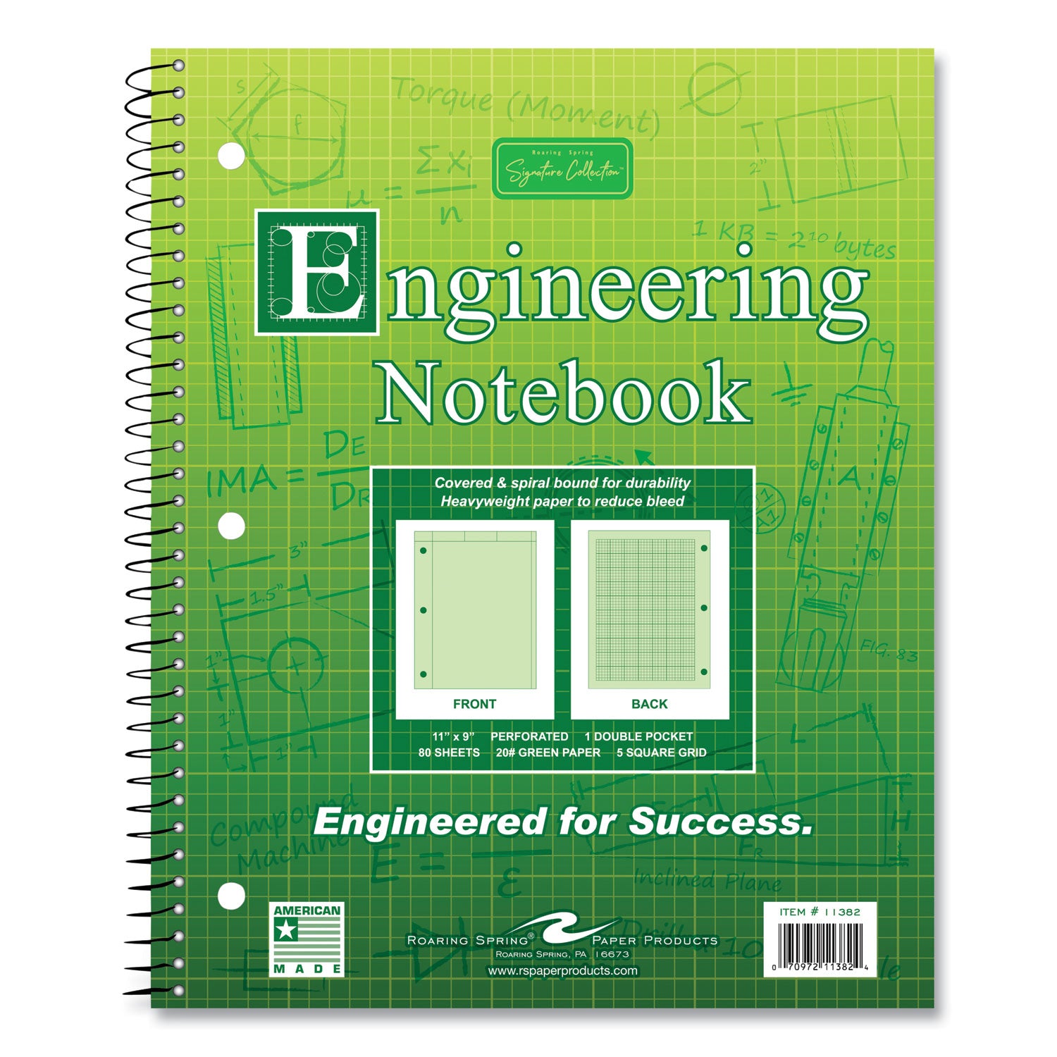 Roaring Spring® Wirebound Engineering Notebook, 20 lb Paper Stock, Green Cover, 80-Green 11 x 8.5 Sheets, 24/Carton