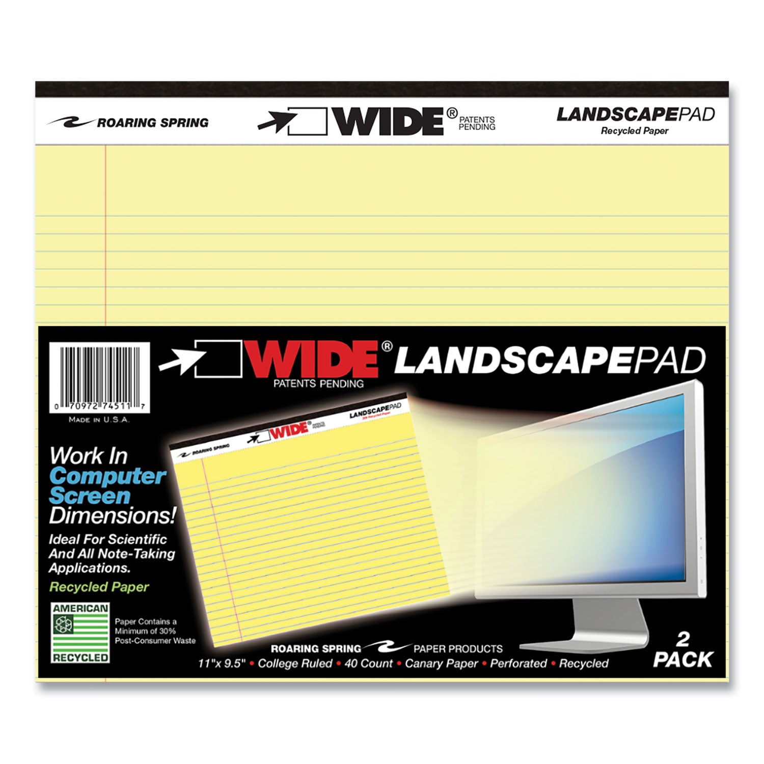 Roaring Spring® WIDE Landscape Format Writing Pad, Medium/College Rule, 40 Canary 11 x 9.5 Sheets, 18/Carton