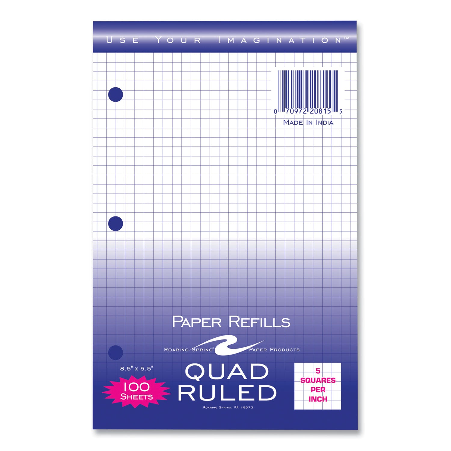 Roaring Spring® Graph Filler Paper, 3-Hole, Quadrille: 5 sq in, (100) 8.5 x 5.5 Sheets, 48/Carton