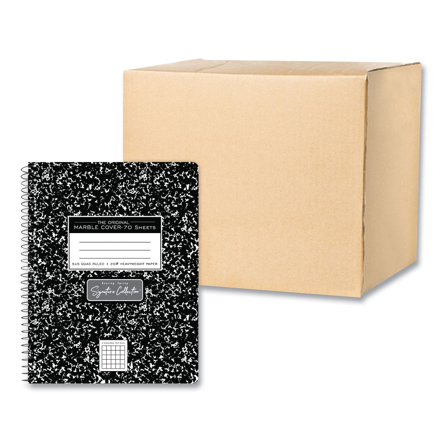 Roaring Spring® Spring Signature Composition Book, Quad 5 sq/in Rule, Black Marble Cover, (70) 9.75 x 7.5 Sheets, 24/Carton