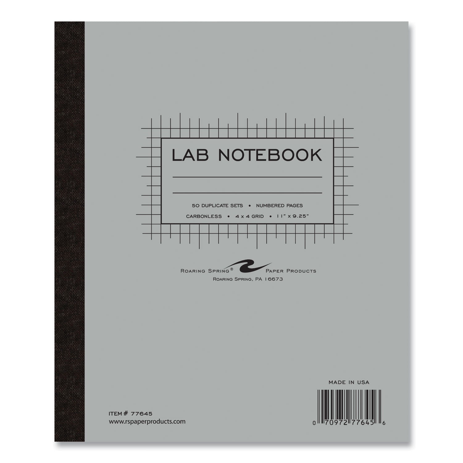 Roaring Spring® Lab and Science Carbonless Notebook, Quad Rule (4 sq/in), Gray Cover, (100) 11x9.25 Sheets, 12/Carton