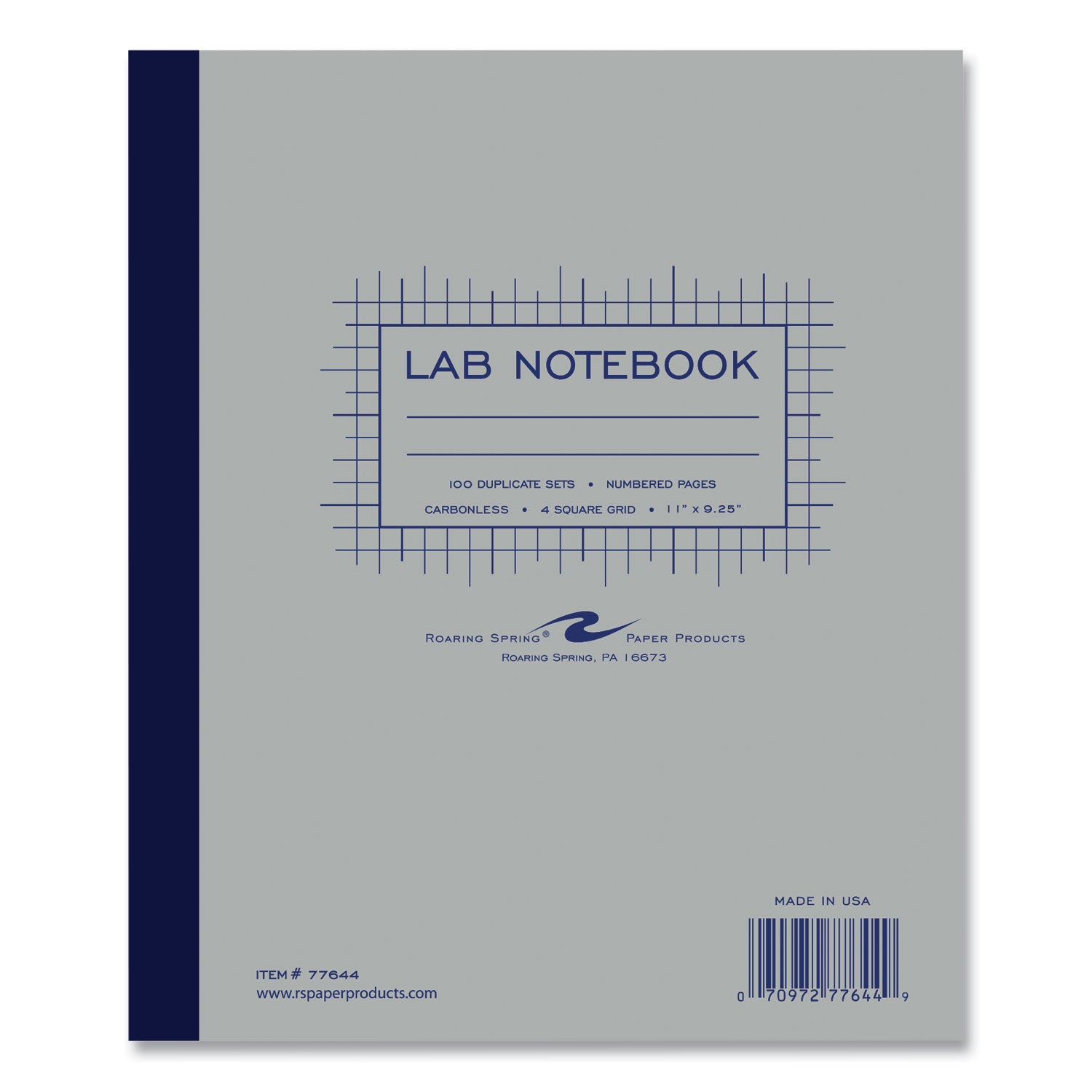 Roaring Spring® Lab and Science Carbonless Notebook, Quad Rule (4 sq/in), Gray Cover, (200) 11 x 9.25 Sheets, 5/Carton