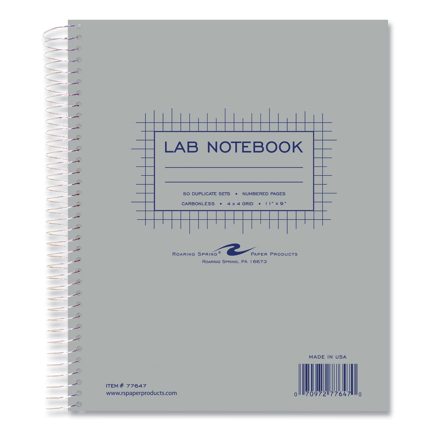 Roaring Spring® Lab and Science Carbonless Notebook, Quad Rule (4 sq/in), Gray Cover, (100) 11 x 9 Sheets, 12/Carton