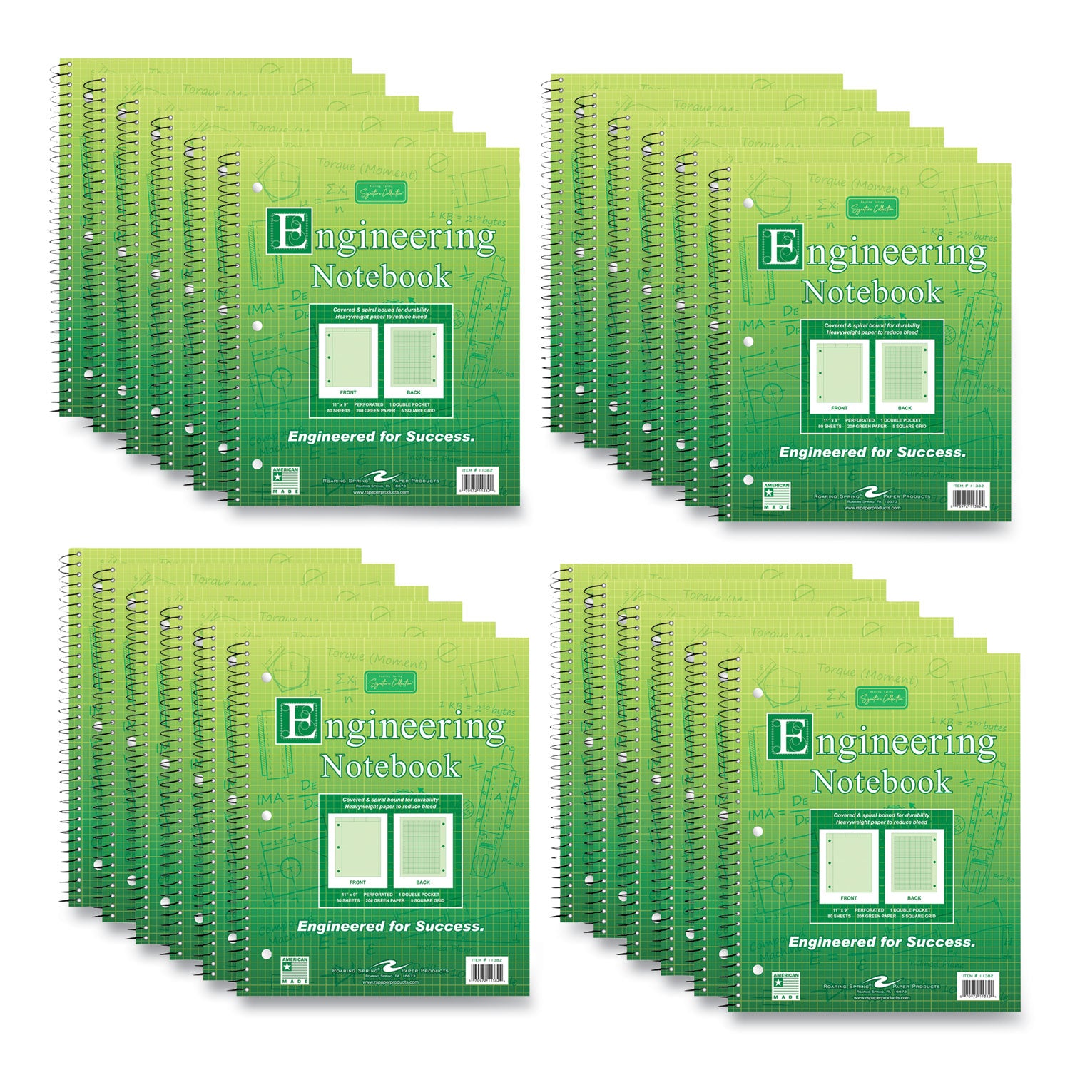 Wirebound Engineering Notebook, 20 lb Paper Stock, Green Cover, 80-Green 11 x 8.5 Sheets, 24/Carton