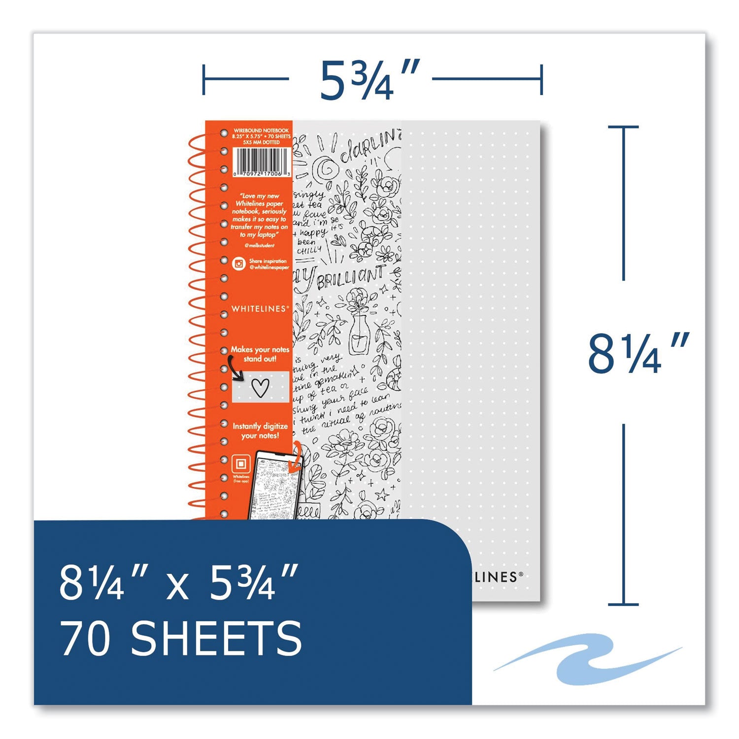 Roaring Spring® Whitelines Notebook, Dot Rule (5 mm), Gray/Orange Cover, (70) 8.25 x 5.75 Sheets, 12/Carton