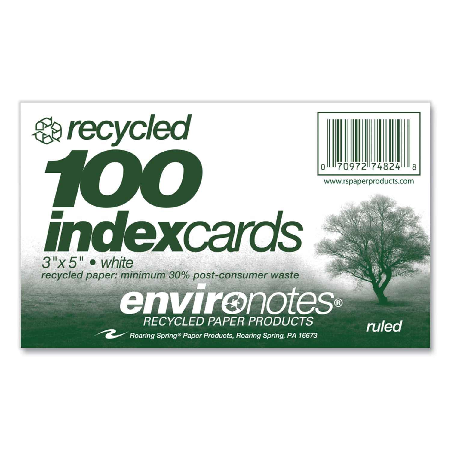 Roaring Spring® Environotes Recycled Index Cards, Narrow Rule, 3 x 5 White, 100 Cards, 36/Carton