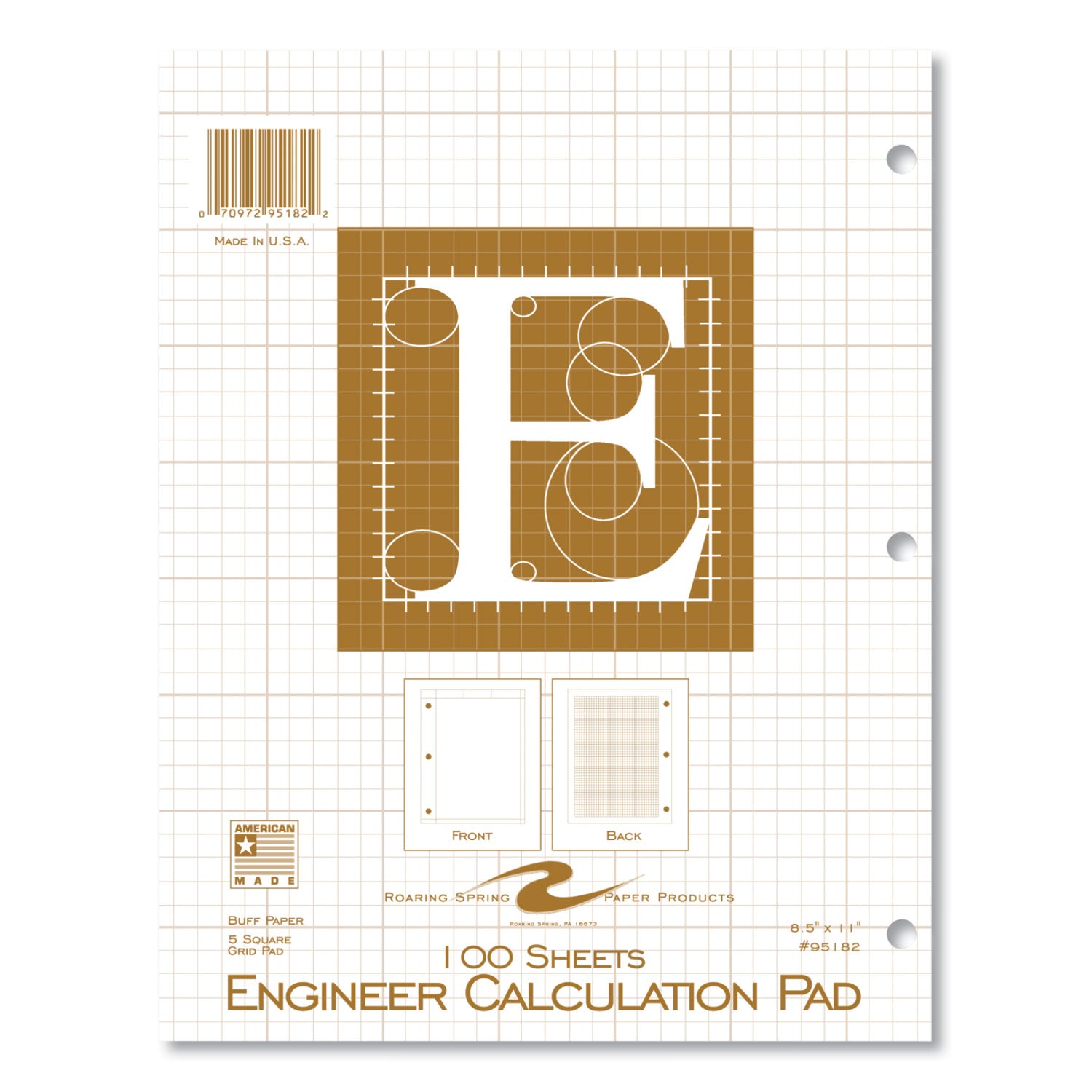 Roaring Spring® Engineer Pad, Quadrille Rule (5 sq/in), 100 Buff 8.5 x 11 Sheets, 24/Carton