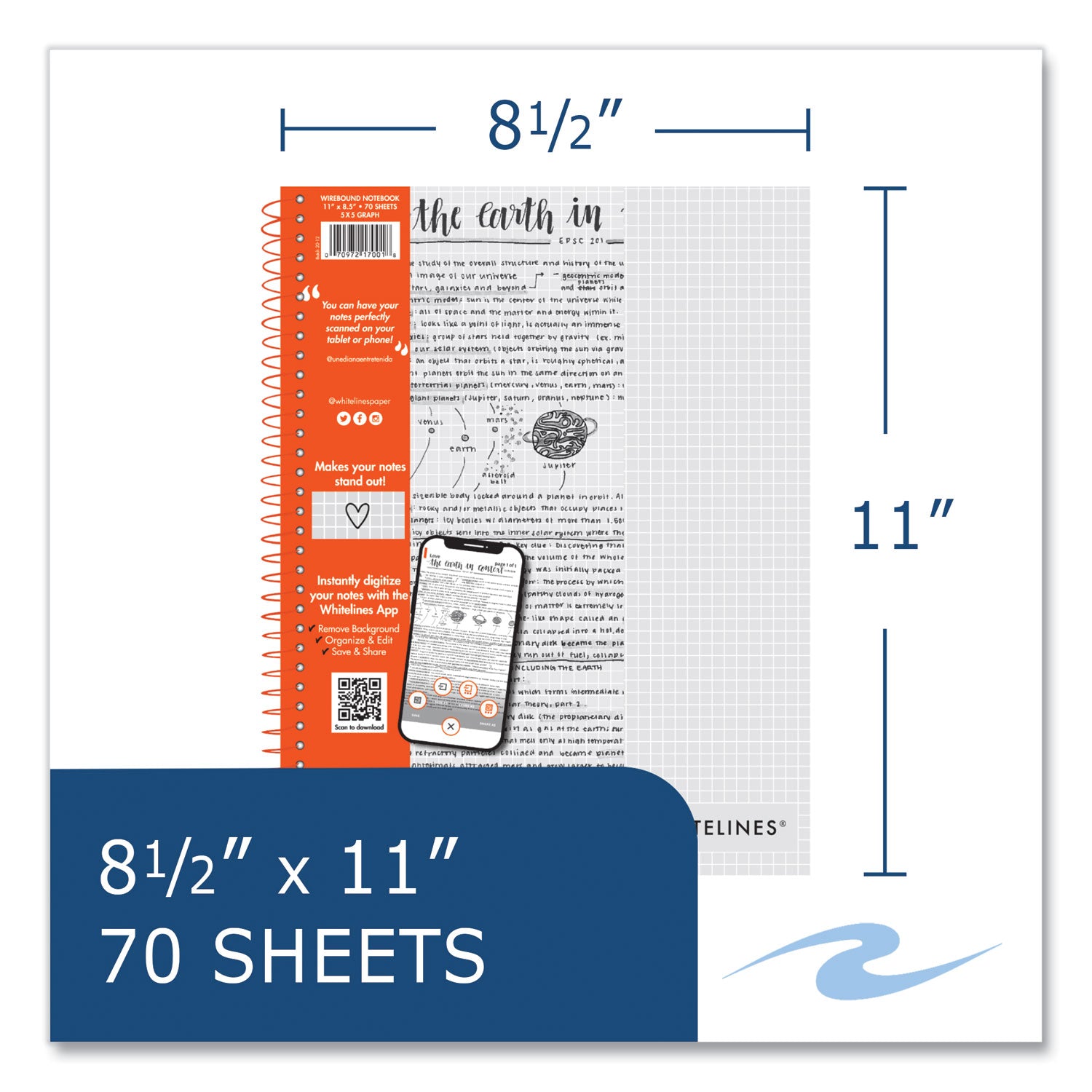 Roaring Spring® Whitelines Notebook, Quadrille Rule, (5 sq/in), Gray/Orange Cover, (70) 11 x 8.5 Sheets, 12/Carton