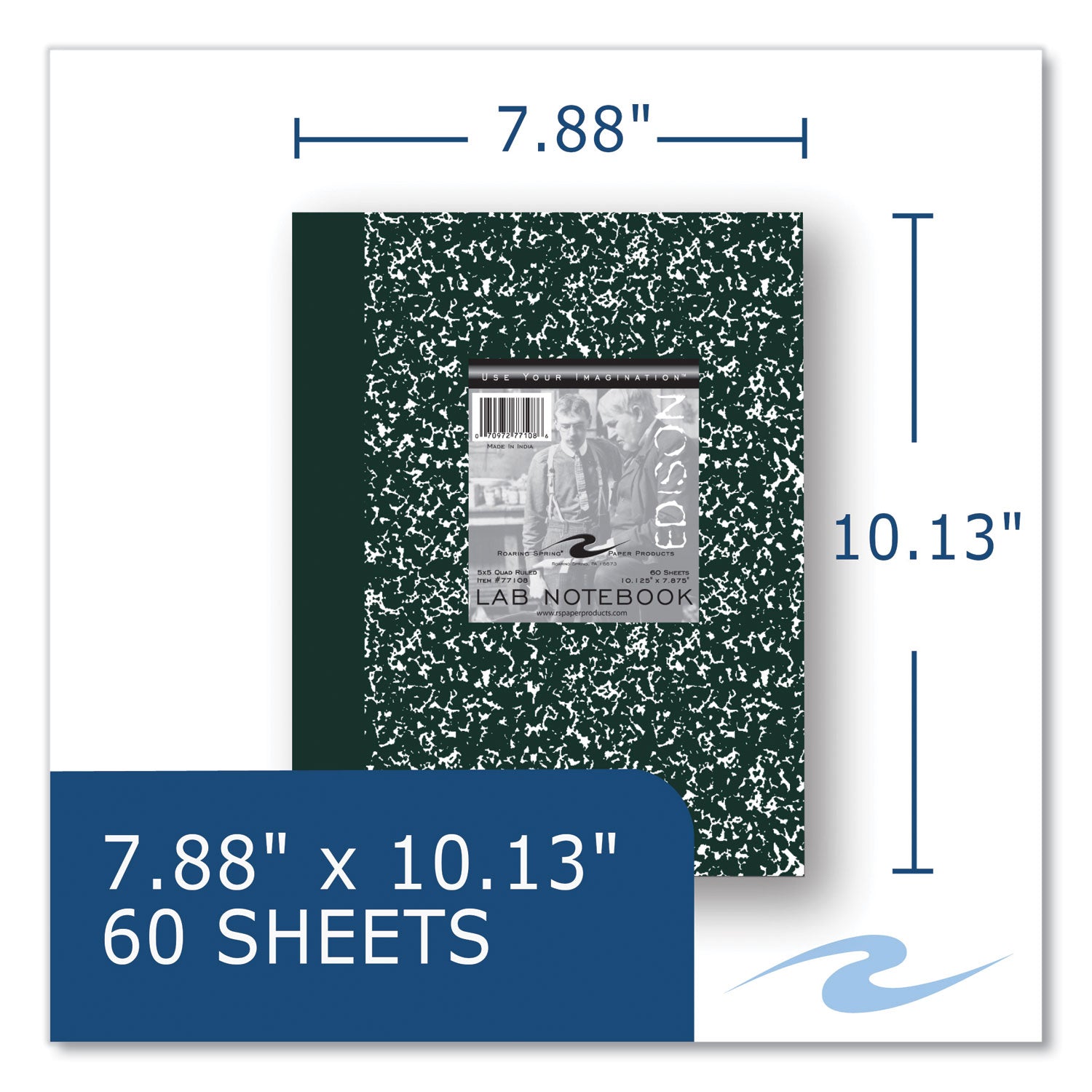 Roaring Spring® Lab and Science Notebook, Quadrille Rule (5 sq in), Green Marble Cover, (60) 10.13 x 7.88 Sheets, 24/Carton