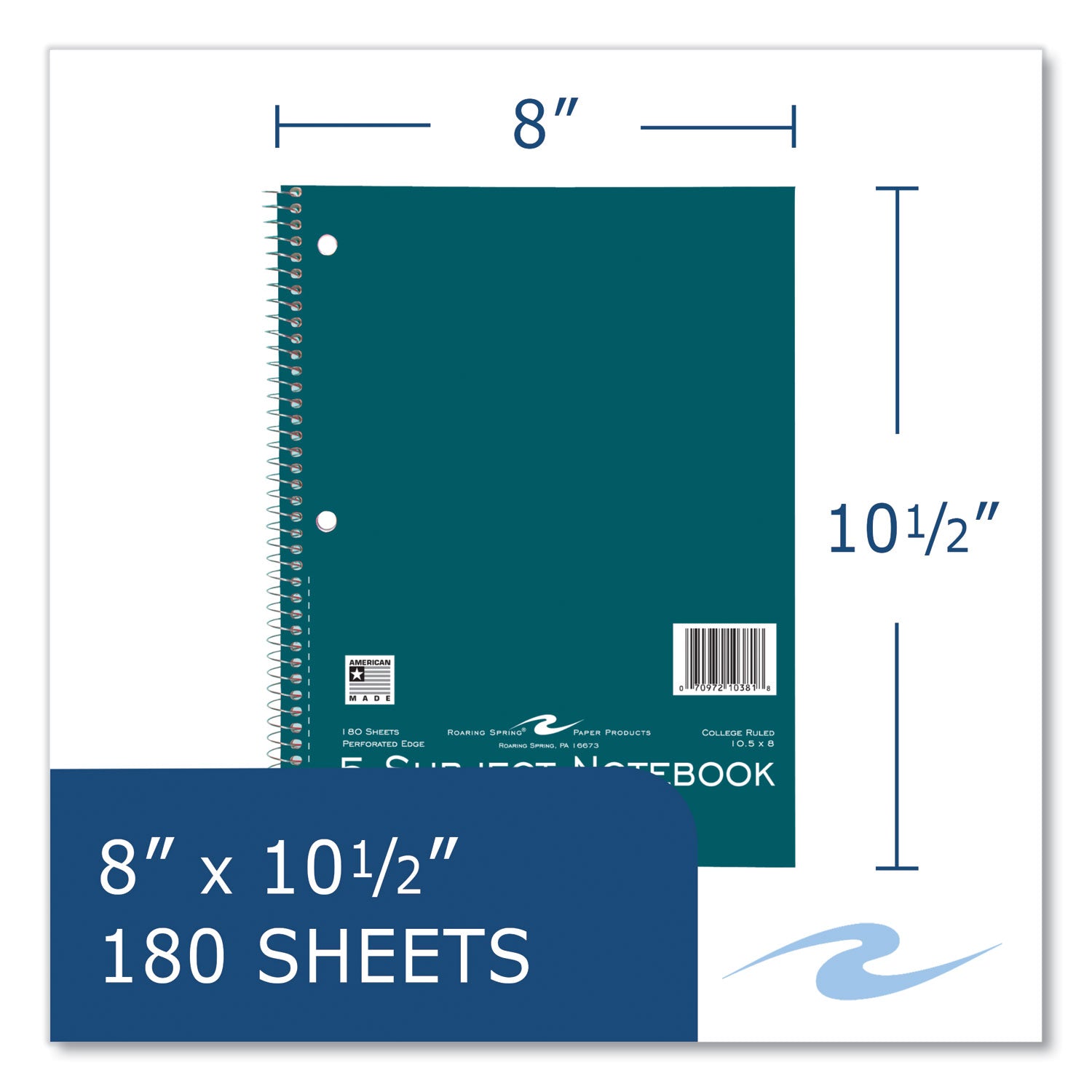 Roaring Spring® Subject Wirebound Notebook, 5-Subject, Medium/College Rule, Assorted Cover, (180) 10.5 x 8 Sheets, 12/Carton