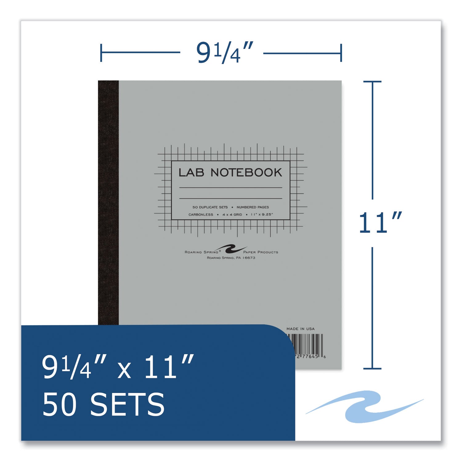 Roaring Spring® Lab and Science Carbonless Notebook, Quad Rule (4 sq/in), Gray Cover, (100) 11x9.25 Sheets, 12/Carton