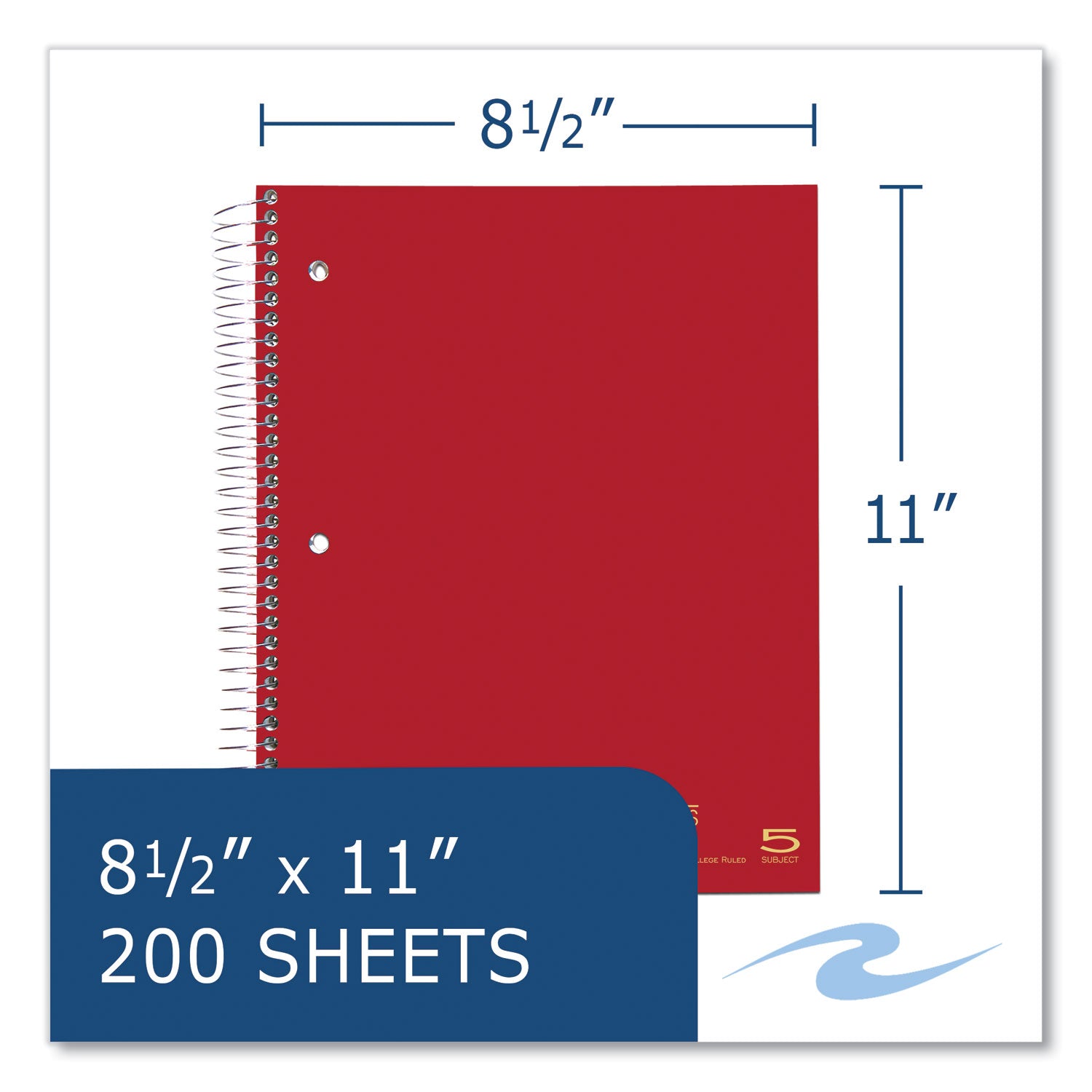 Roaring Spring® Wirebound Notebook with Tabs, 5-Subject, College Rule, Randomly Assorted Covers, (200) 11 x 8.5 Sheets, 12/Carton