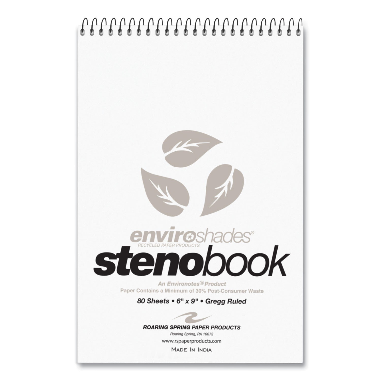 Roaring Spring® EnviroShades Steno Pad, Gregg Rule, White Cover, 80 Gray 6 x 9 Sheets, 24 Pads/Carton