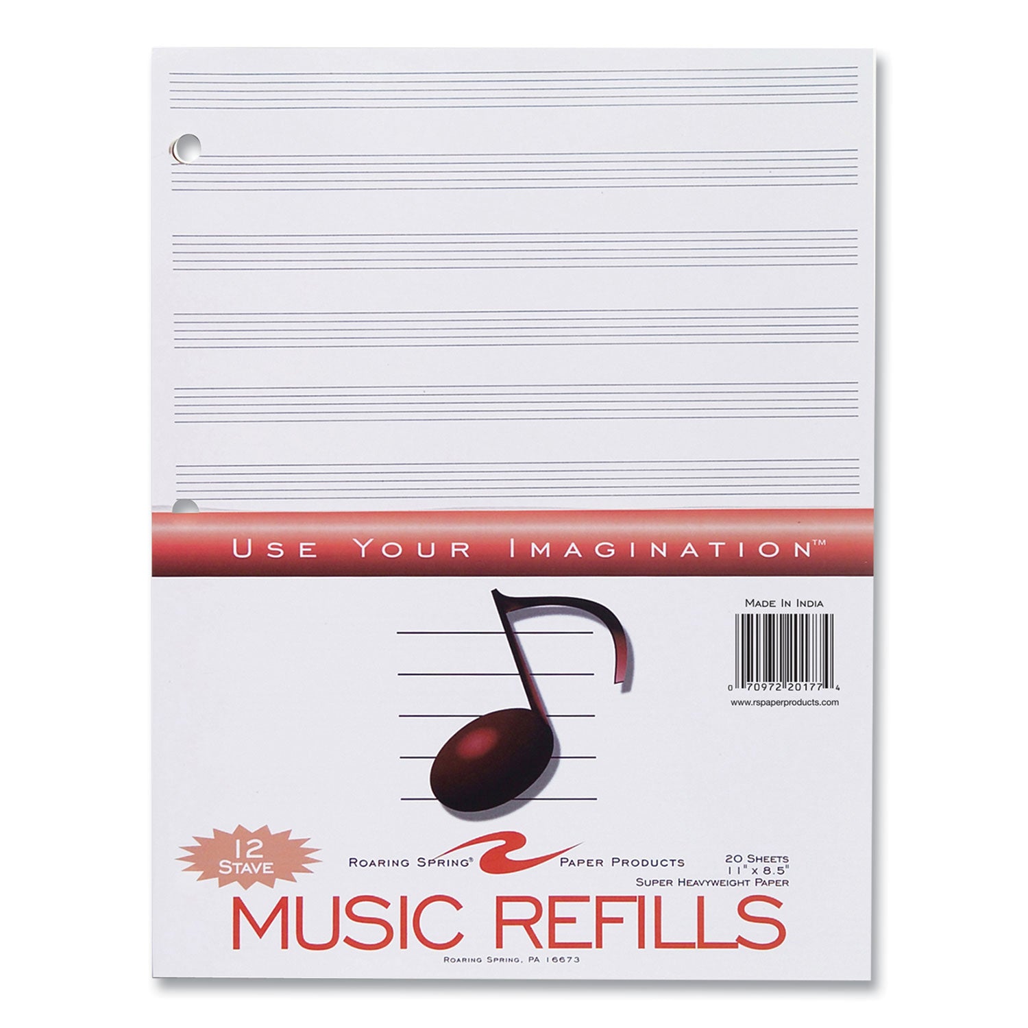 Roaring Spring® Music Filler Paper, 3-Hole Punched, 8.5 x 11, Music Transcription Format, 20 Sheets/Pack, 24 Packs/Carton