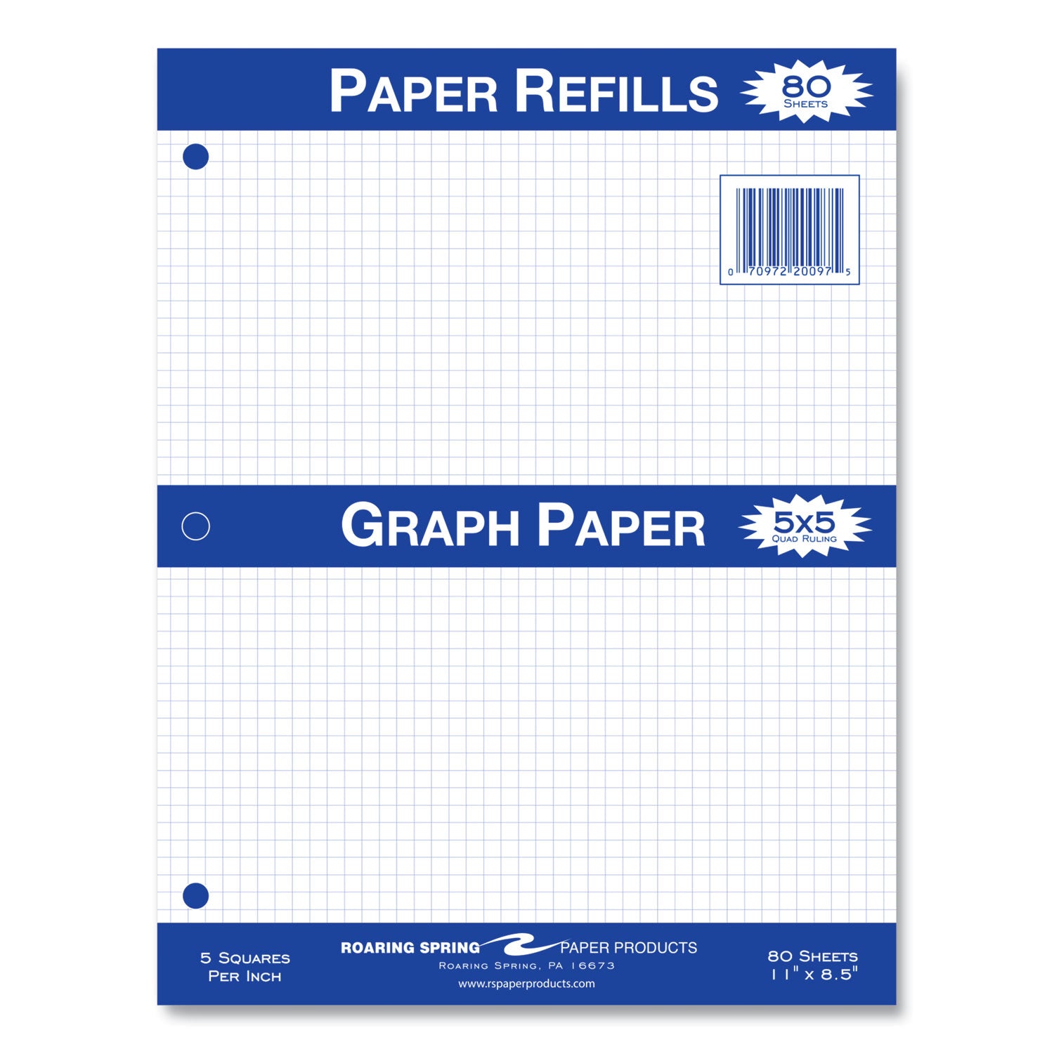 Roaring Spring® Graph Filler Paper, 3-Hole, 8.5 x 11, Quadrille: 5 sq/in, 80 Sheets/Pack, 24 Packs/Carton