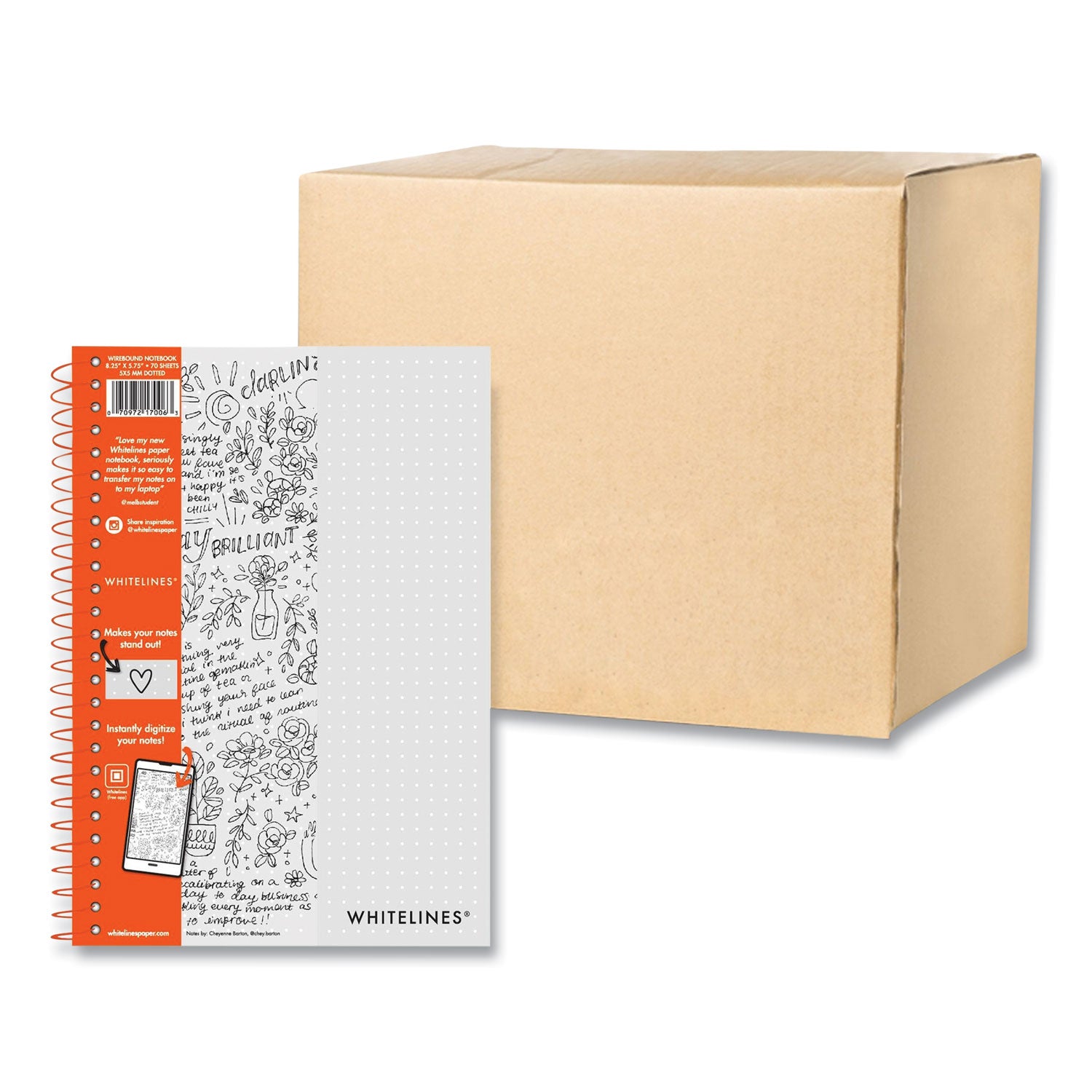 Whitelines Notebook, Dot Rule (5 mm), Gray/Orange Cover, (70) 8.25 x 5.75 Sheets, 12/Carton