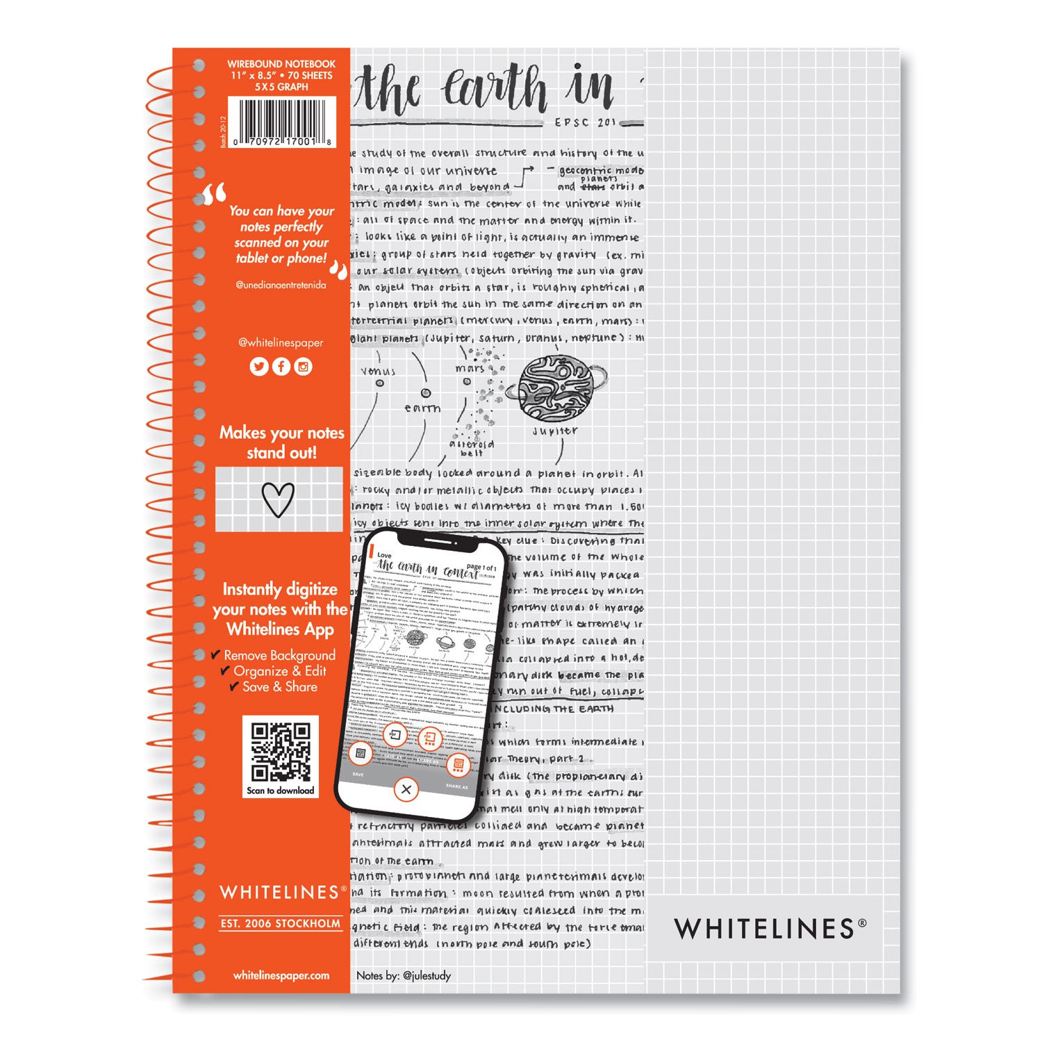 Roaring Spring® Whitelines Notebook, Quadrille Rule, (5 sq/in), Gray/Orange Cover, (70) 11 x 8.5 Sheets, 12/Carton