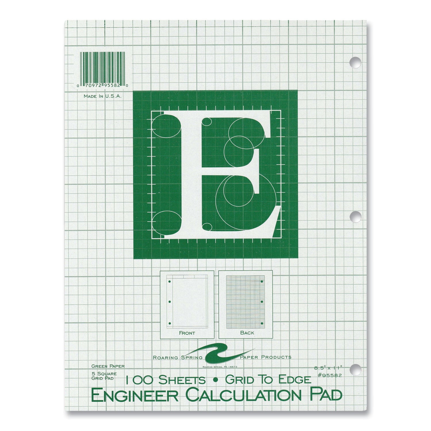 Roaring Spring® Engineer Pad, (1.25" Margin), Quad Rule (5 sq/in, 1 sq/in), 100 Light Green 8.5 x 11 Sheets/Pad, 24/Carton